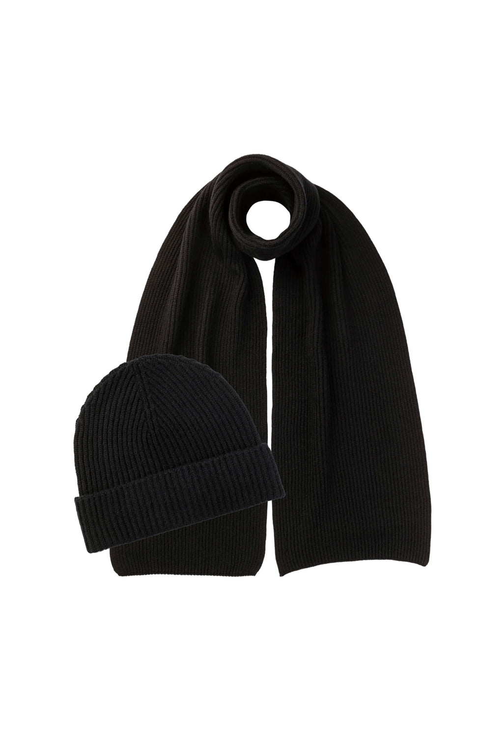 Ribbed Cashmere Black Scarf & Beanie Gift Set