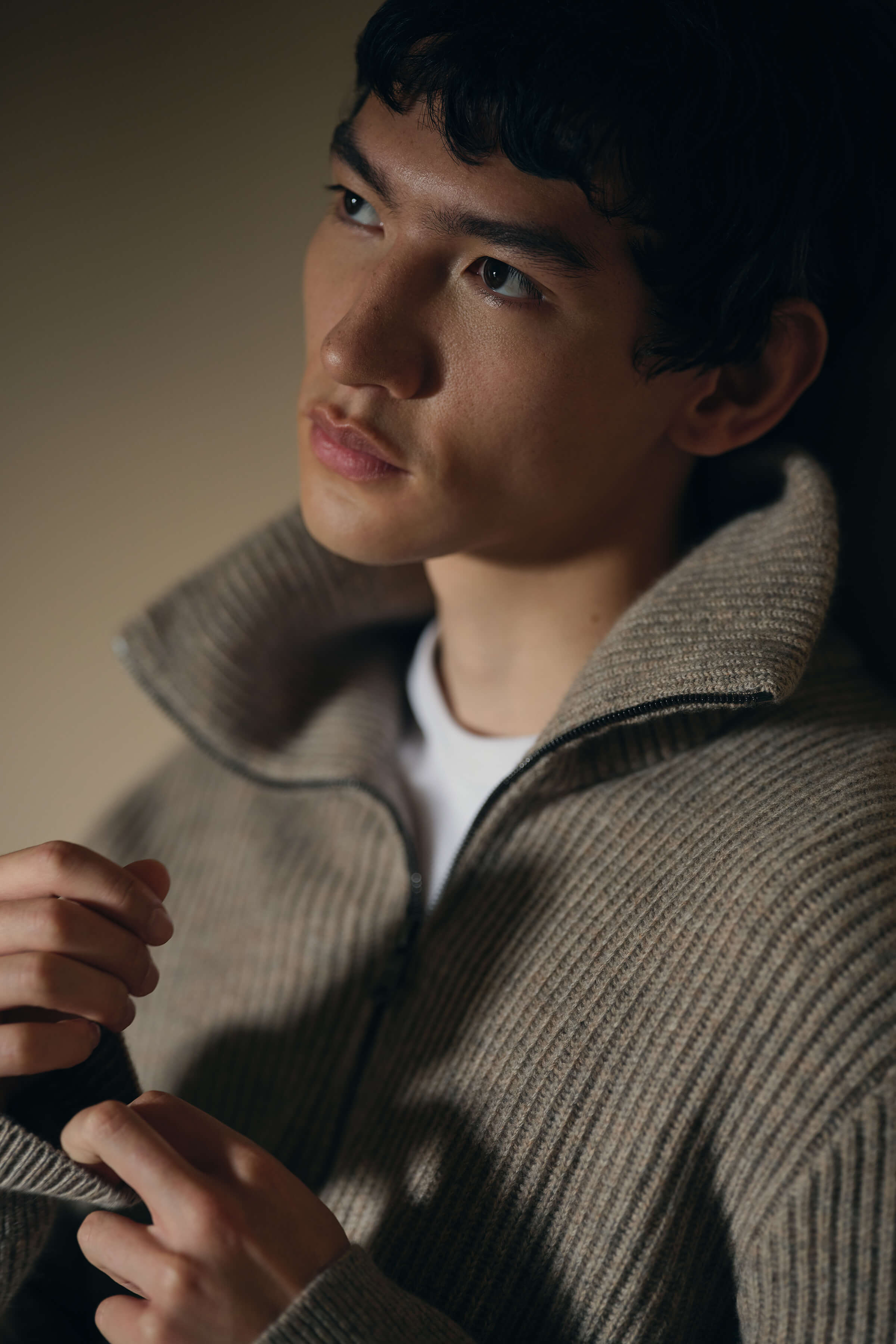 Ribbed Cashmere Zip Neck Light Brown Jumper