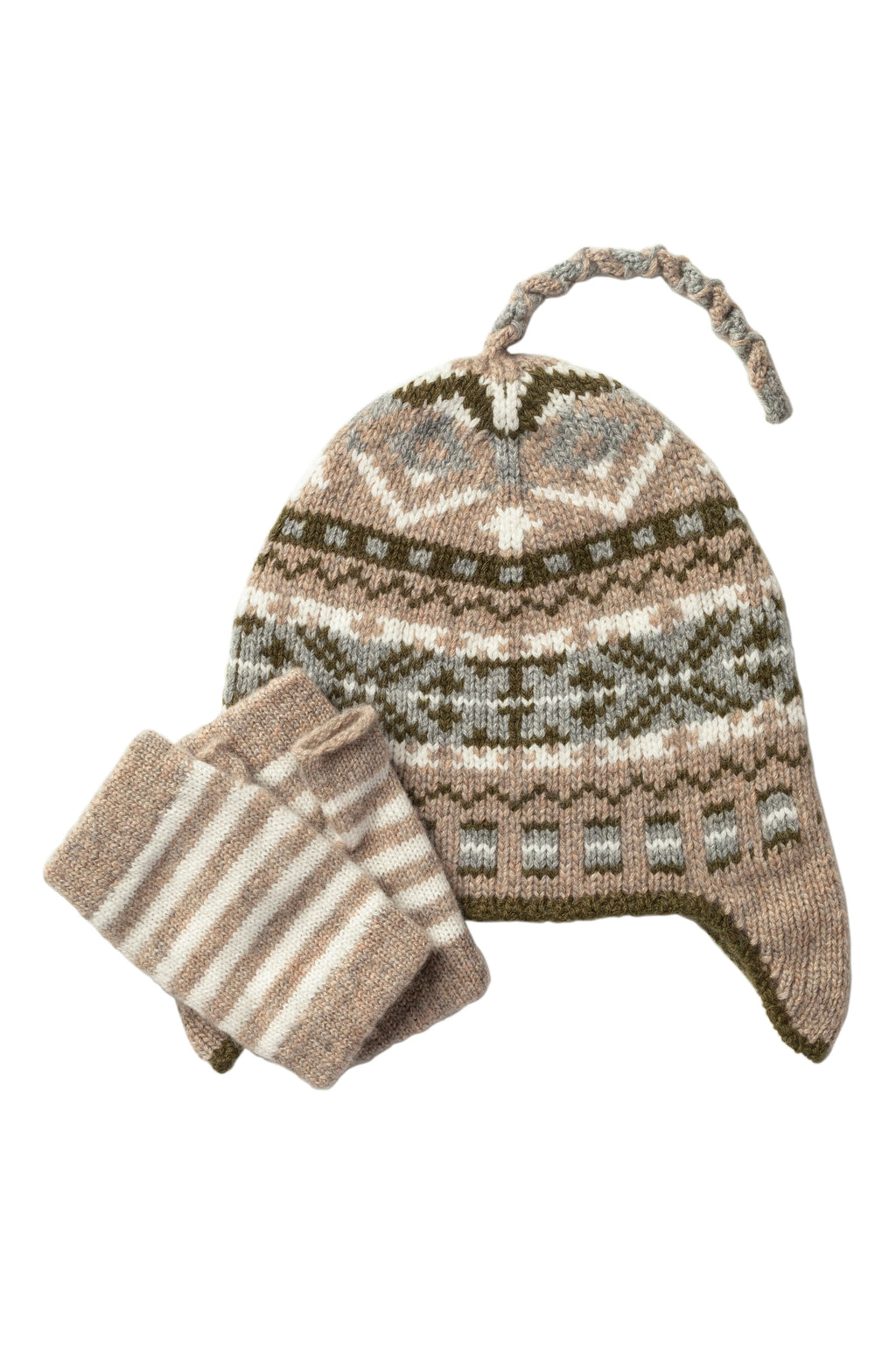 Children's Natural Fairisle Hat & Stripy Wristwarmers Gift Set