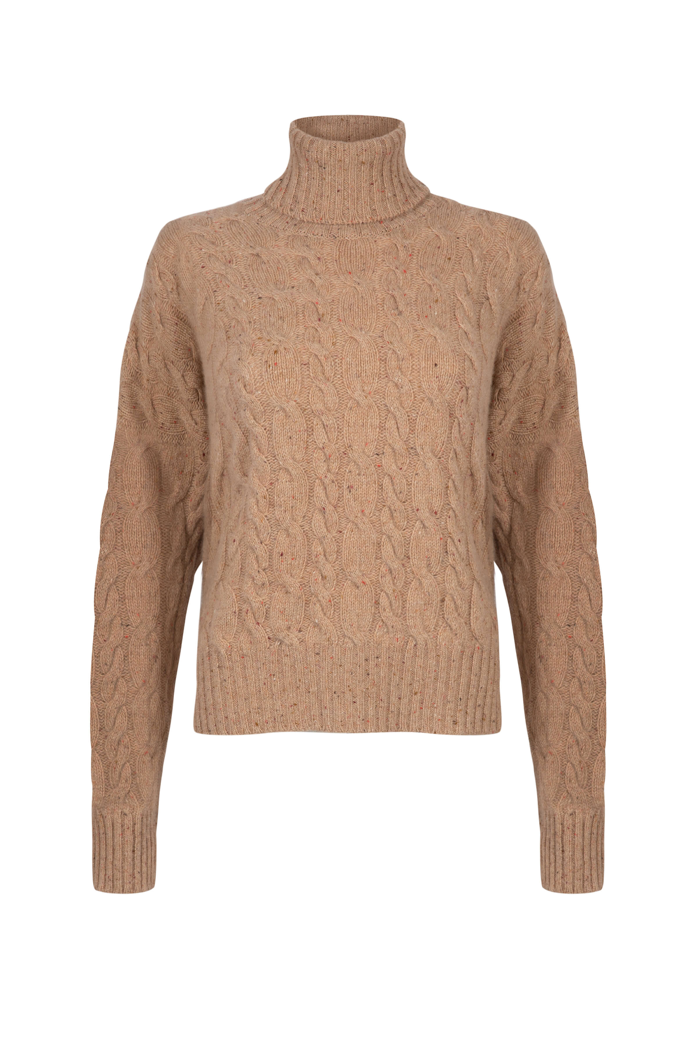 Cable Cashmere Camel Roll Neck Jumper