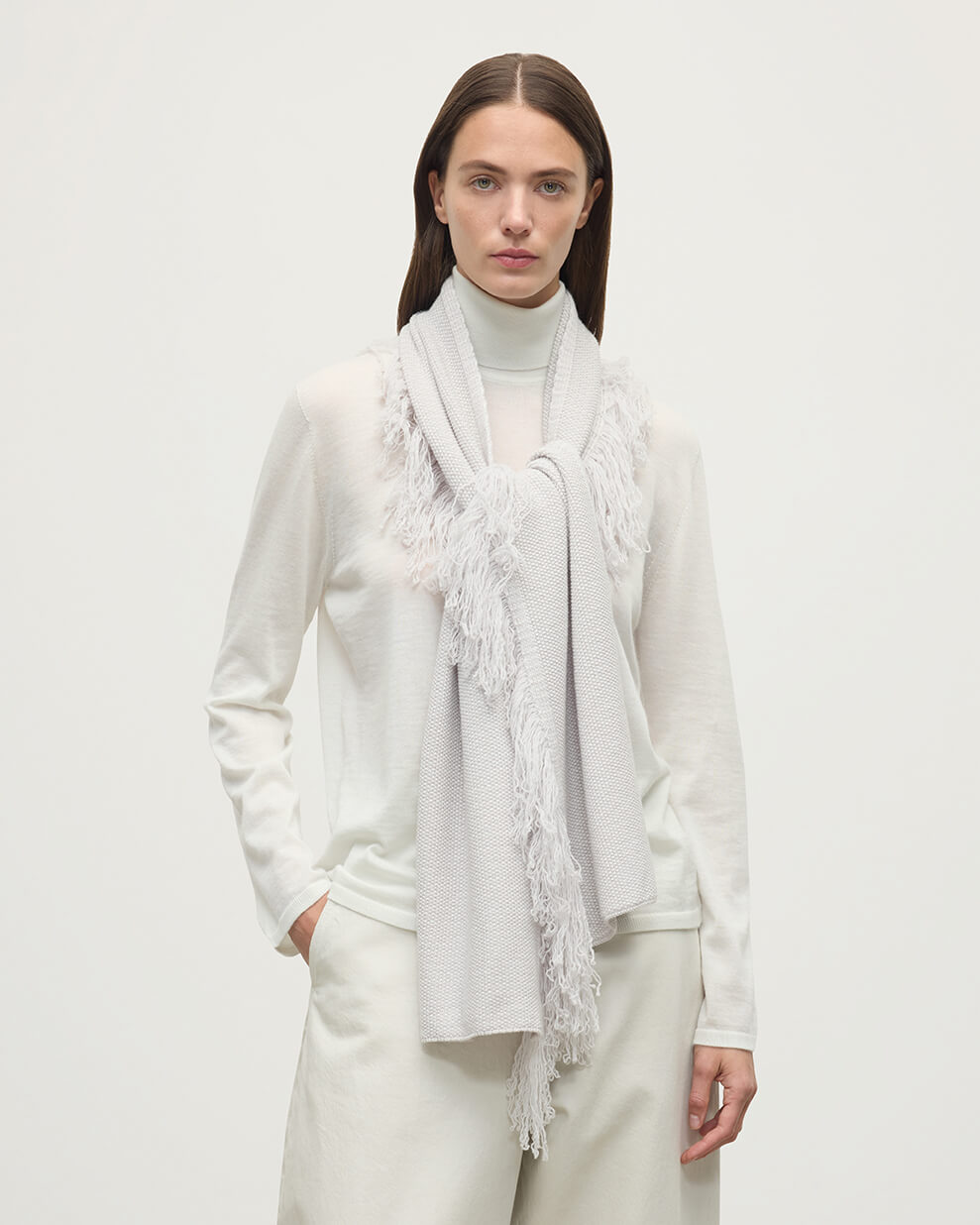 Fringed Cashmere White Scarf