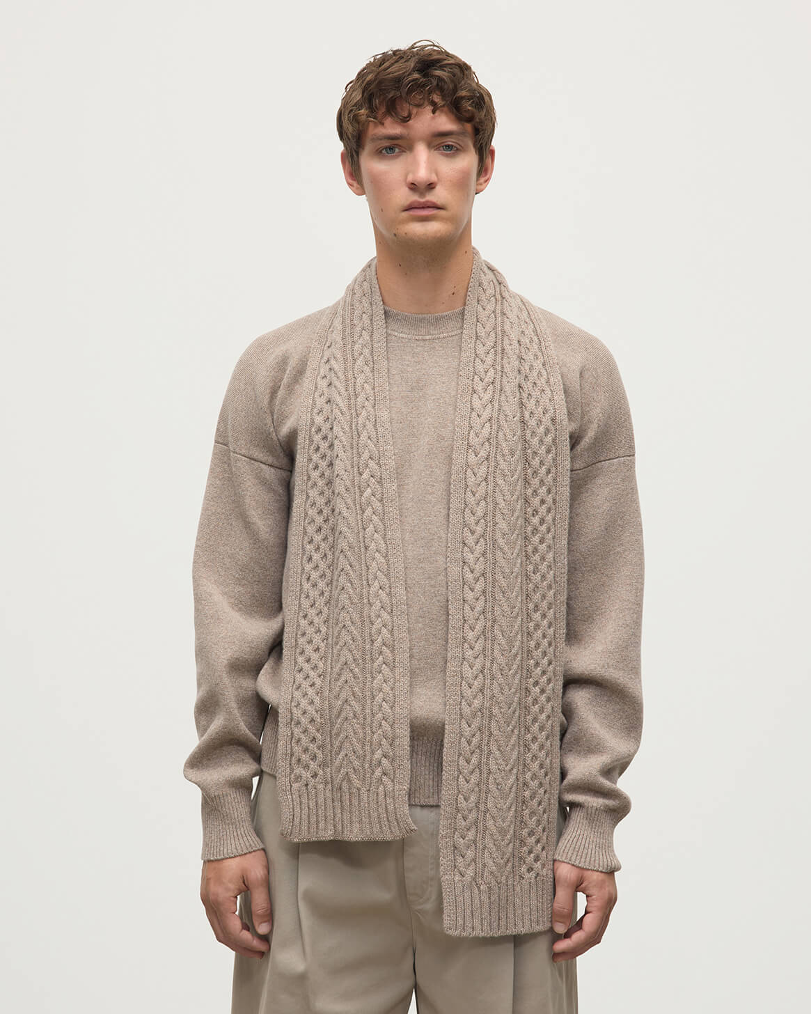 Aran Cable Light Brown Cashmere Scarf
