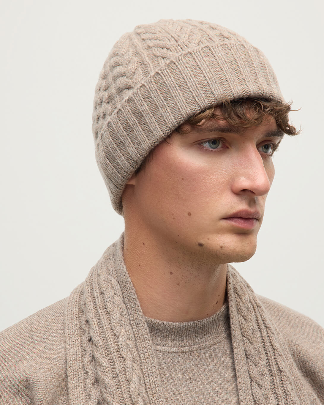 Aran Cable Brown Cashmere Beanie