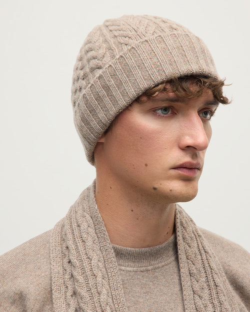 Aran Cable Brown Cashmere Beanie