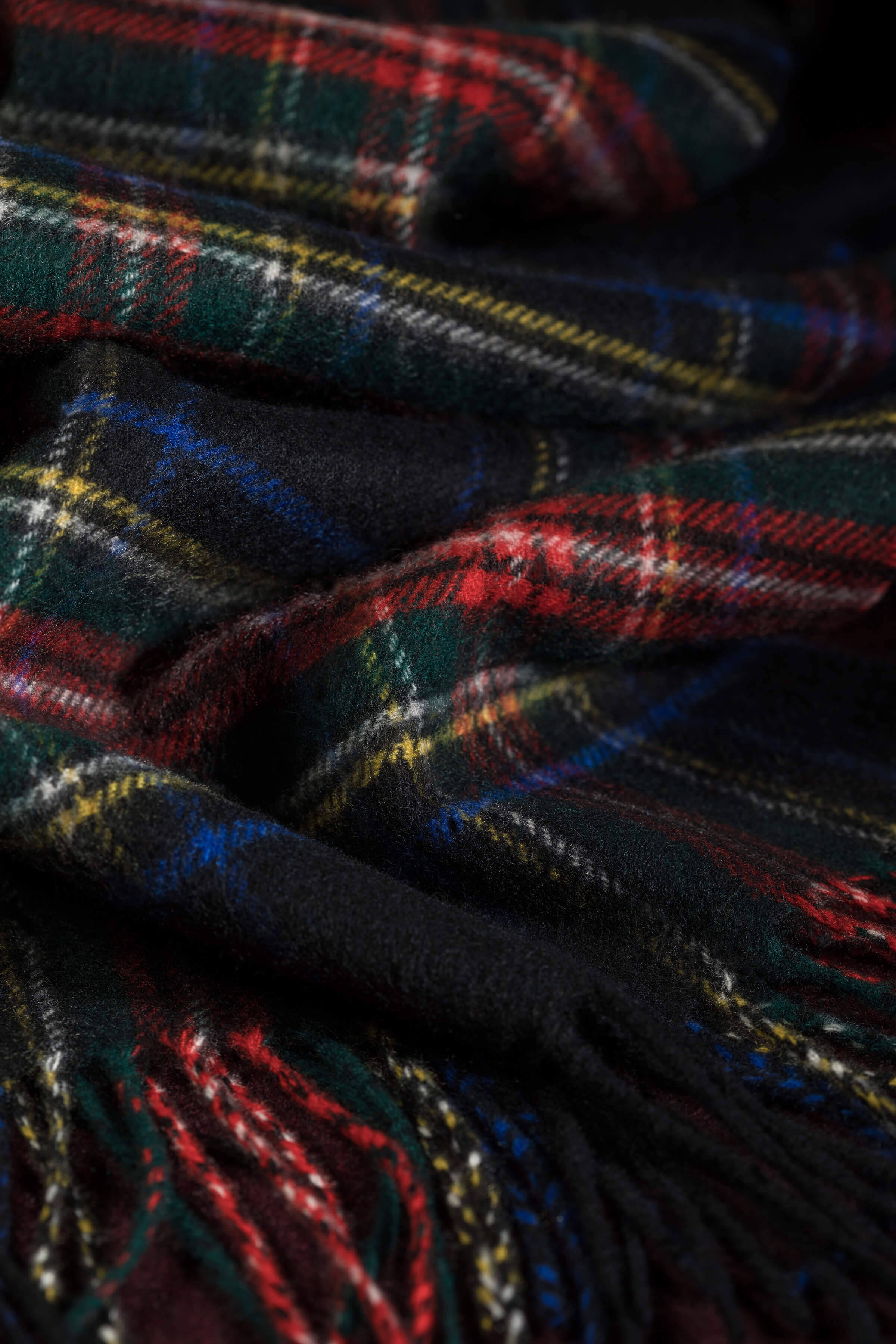 Wide Black Stewart Tartan Cashmere Scarf