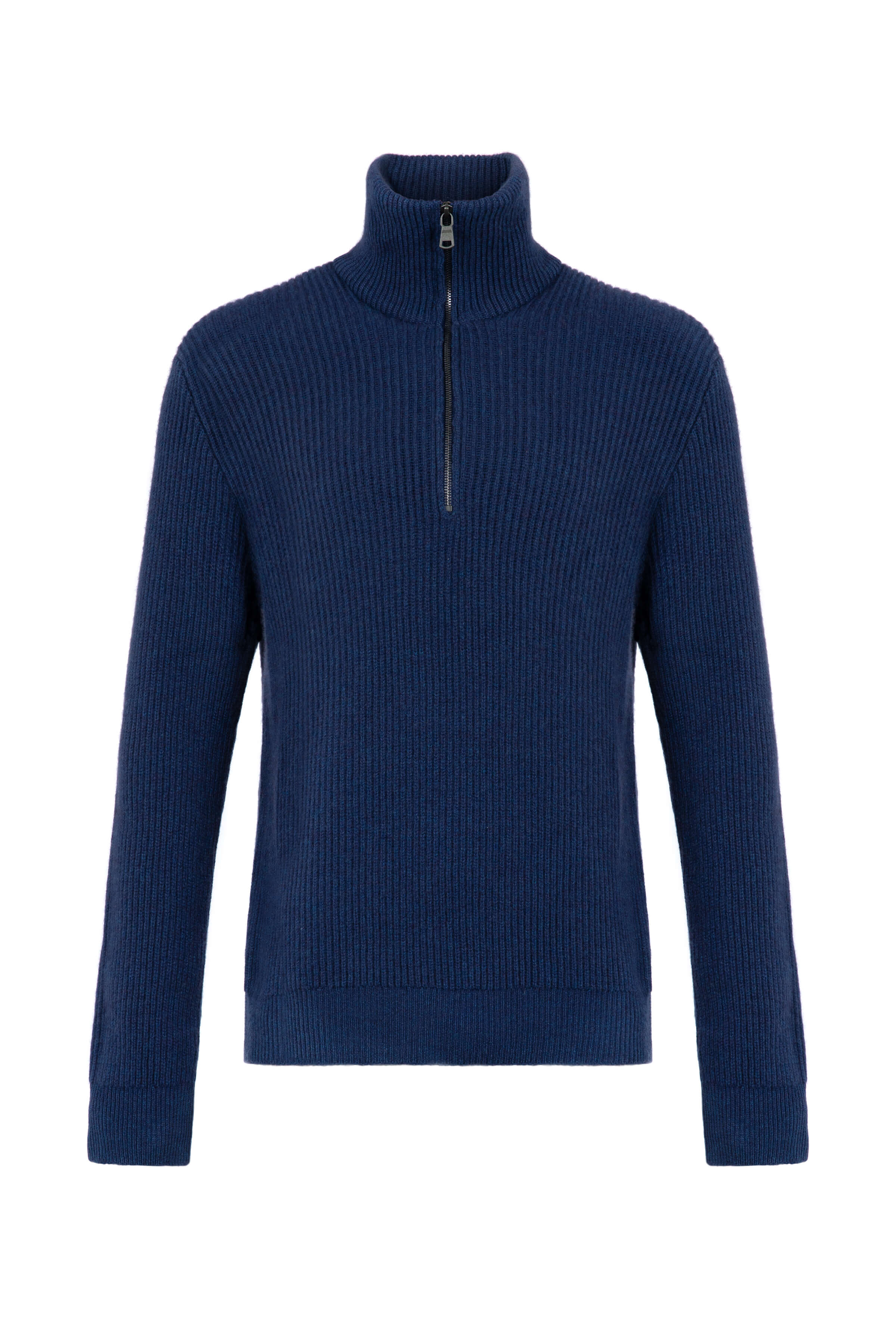 Ribbed Cashmere Zip Neck Mid Blue Jumper