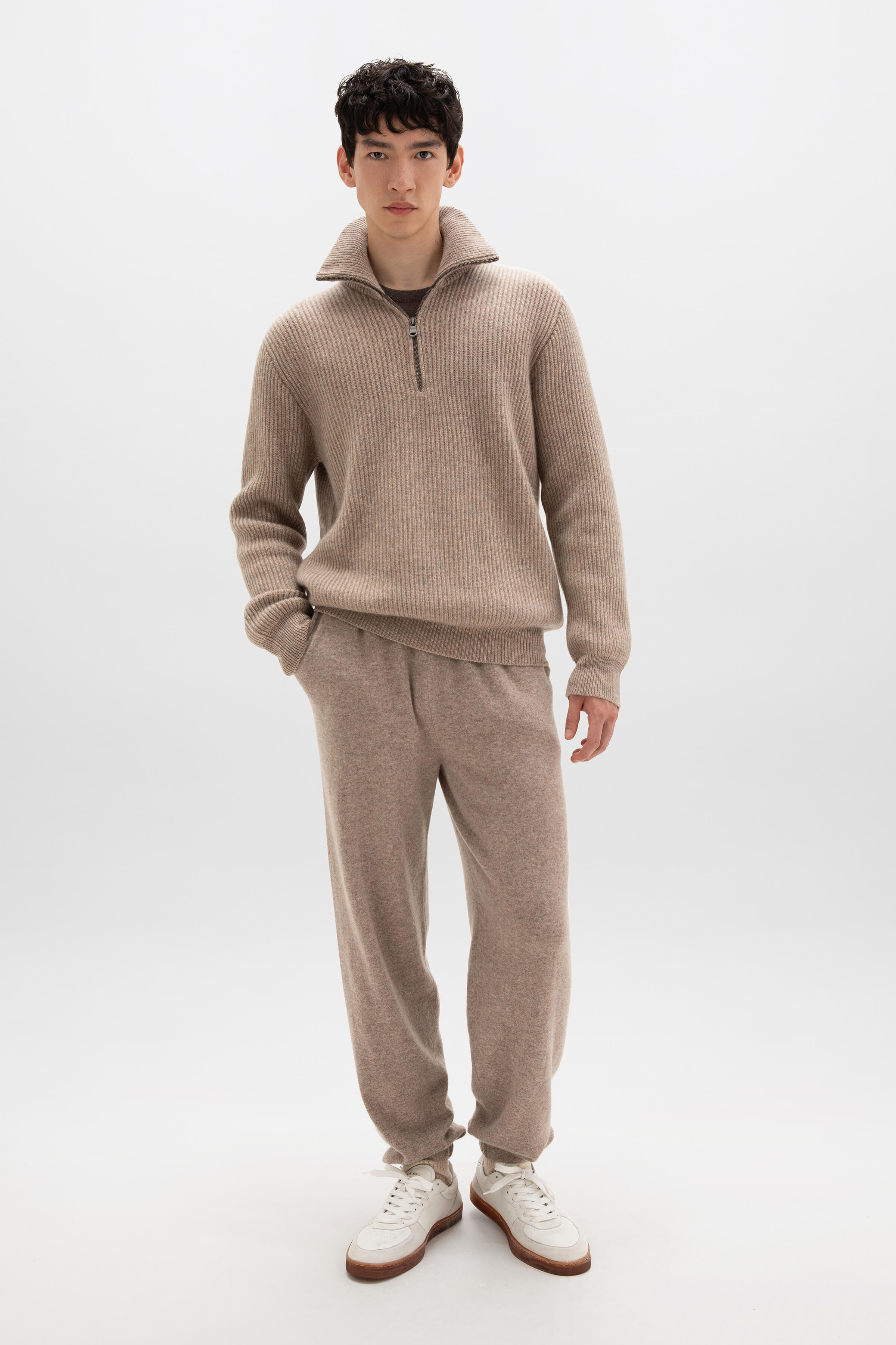 Ribbed Cashmere Zip Neck Light Brown Jumper