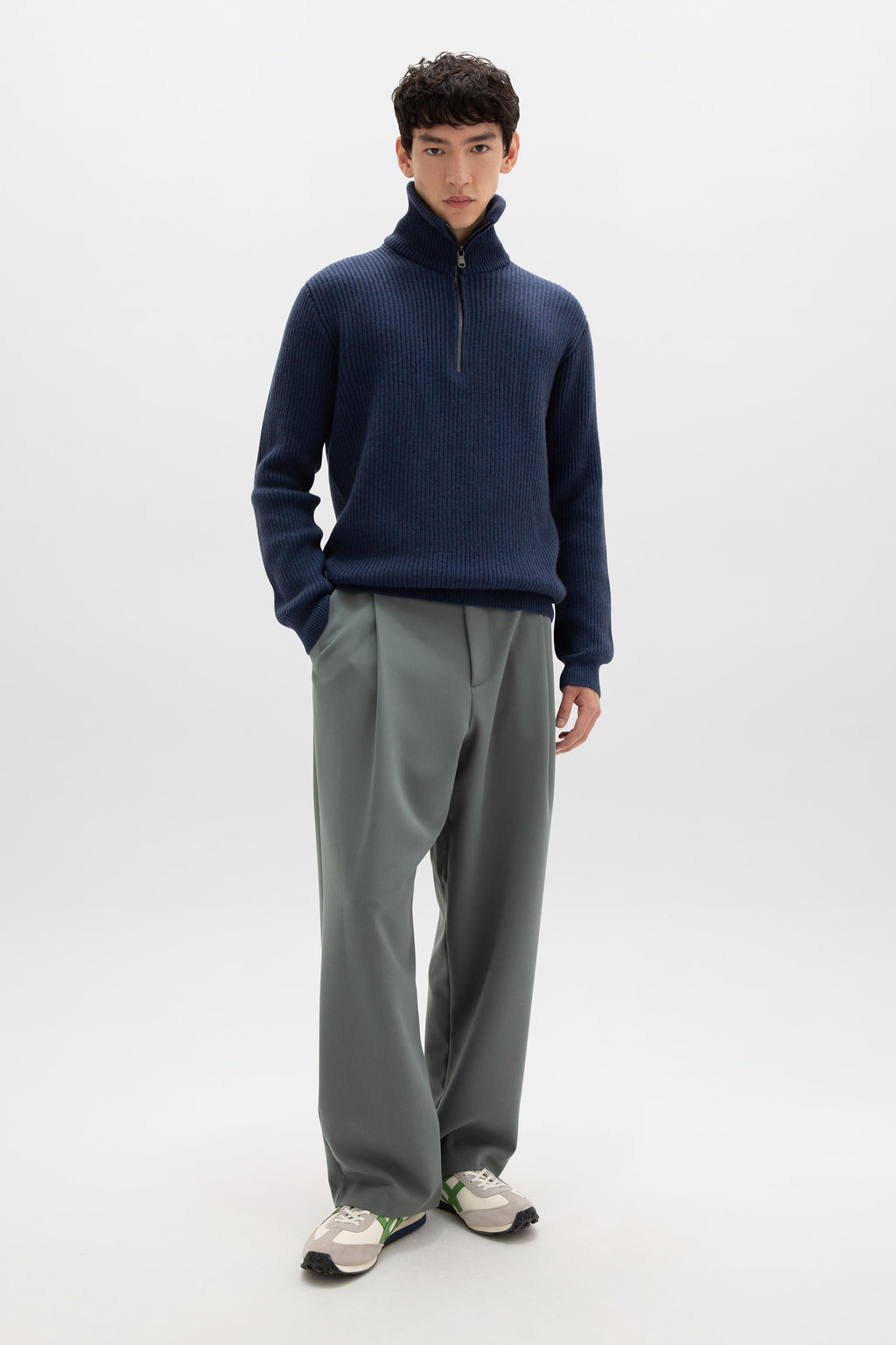 Ribbed Cashmere Zip Neck Mid Blue Jumper