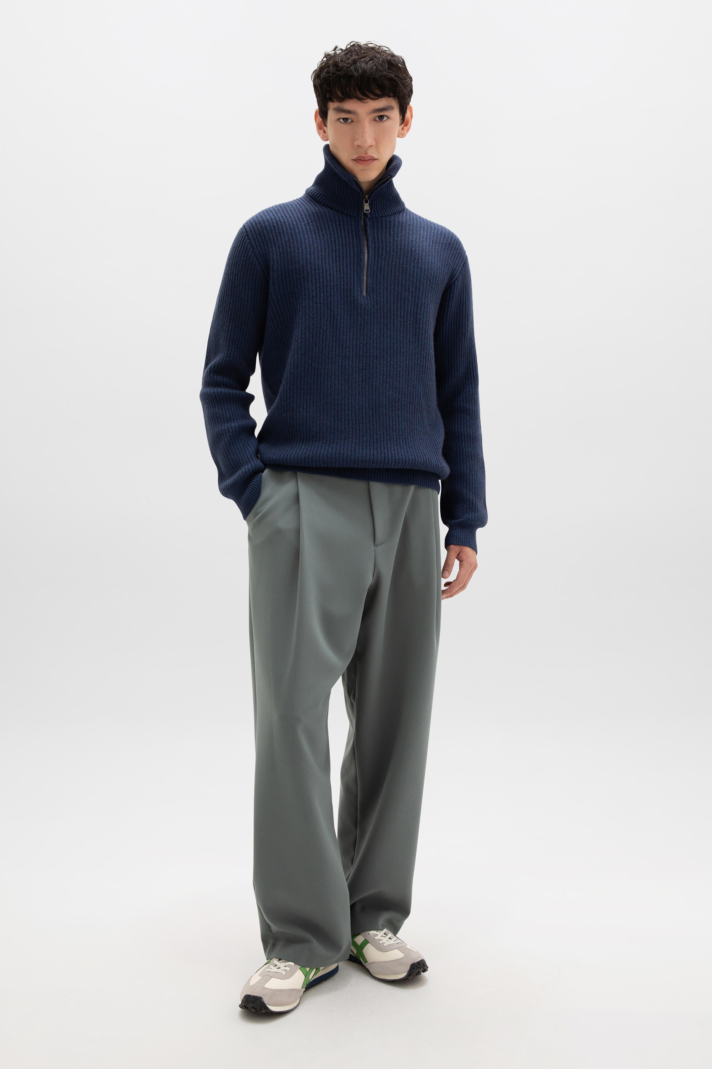 Ribbed Cashmere Zip Neck Mid Blue Jumper