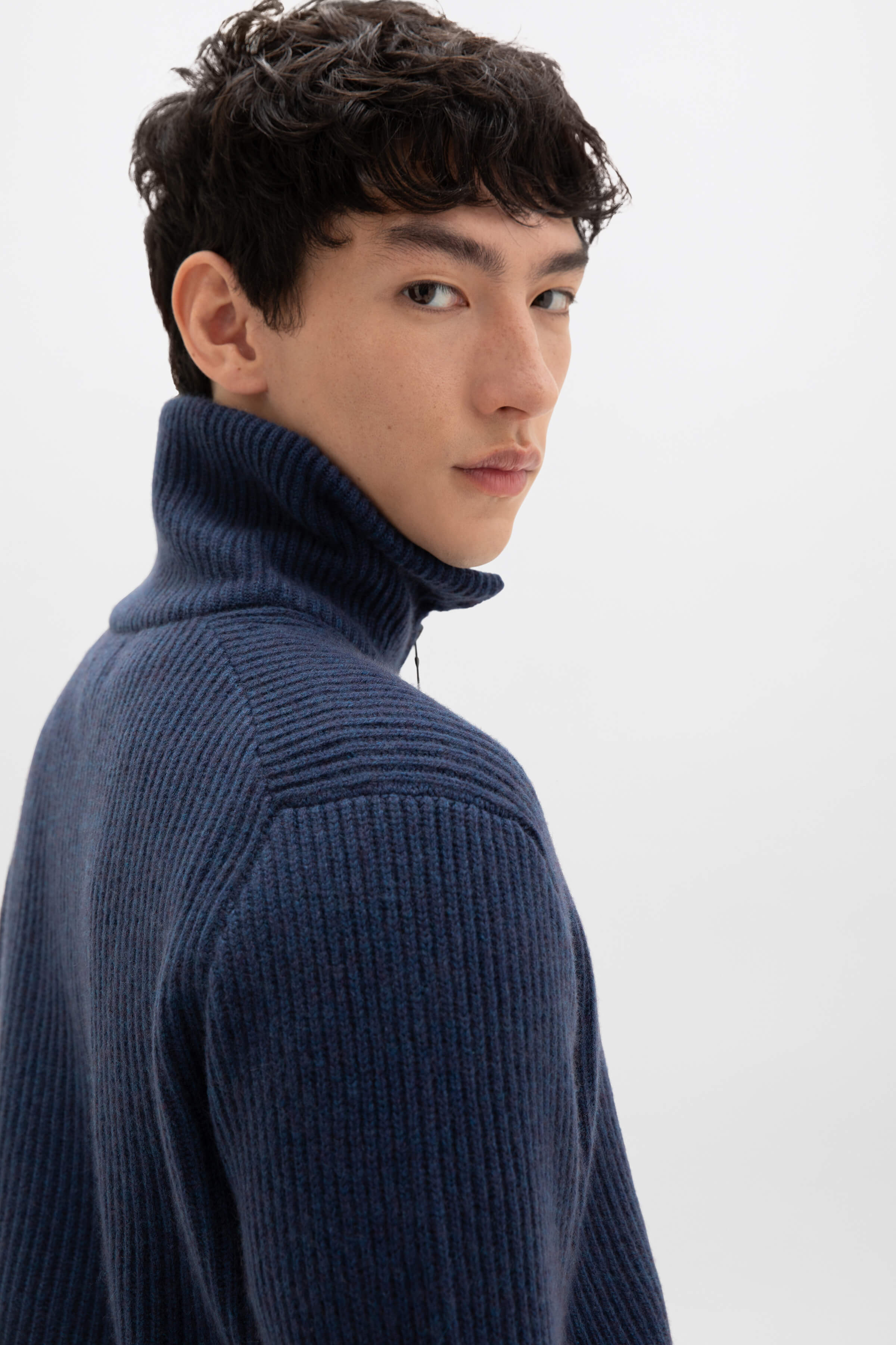 Ribbed Cashmere Zip Neck Mid Blue Jumper