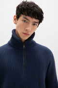 Ribbed Cashmere Zip Neck Mid Blue Jumper