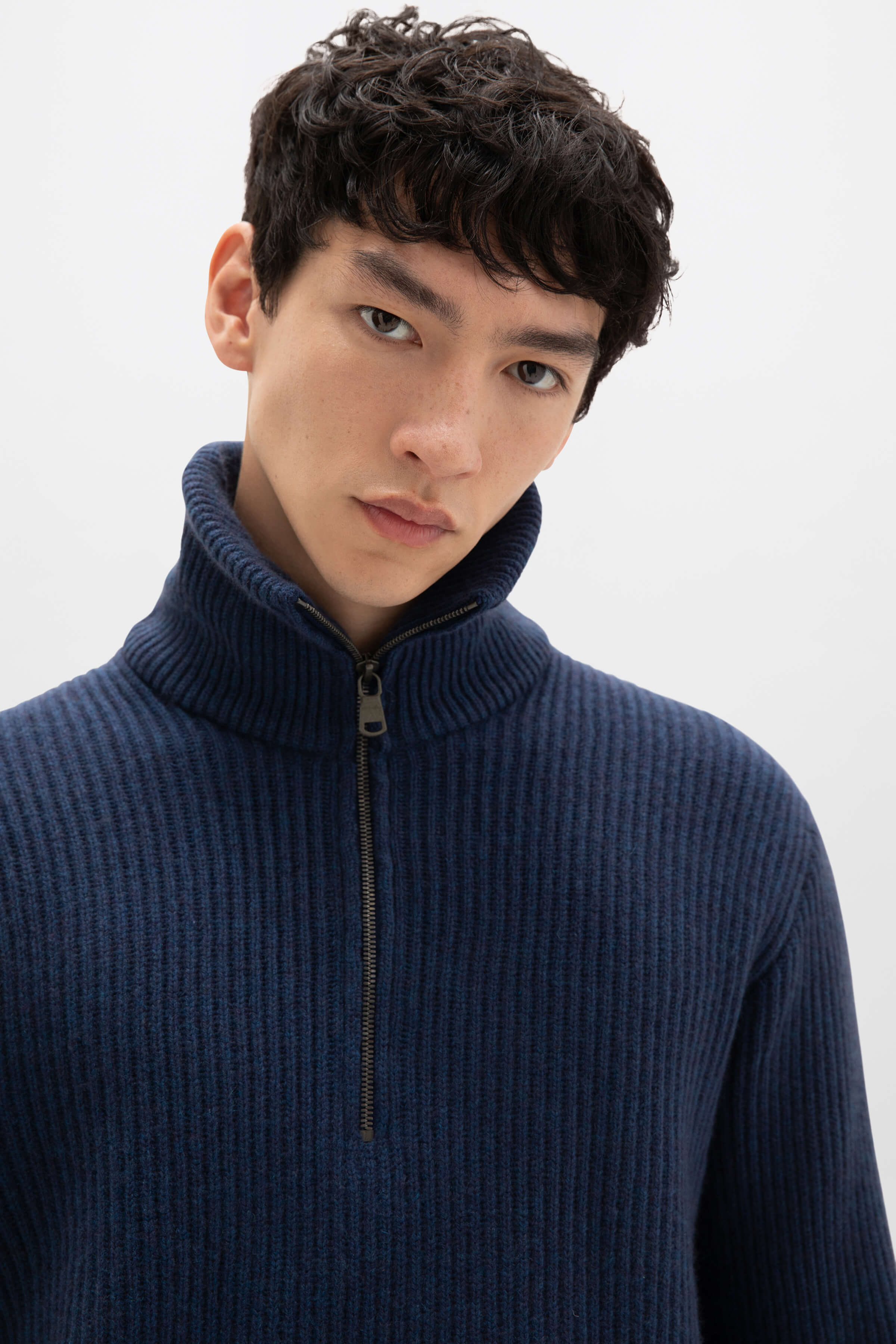 Ribbed Cashmere Zip Neck Mid Blue Jumper