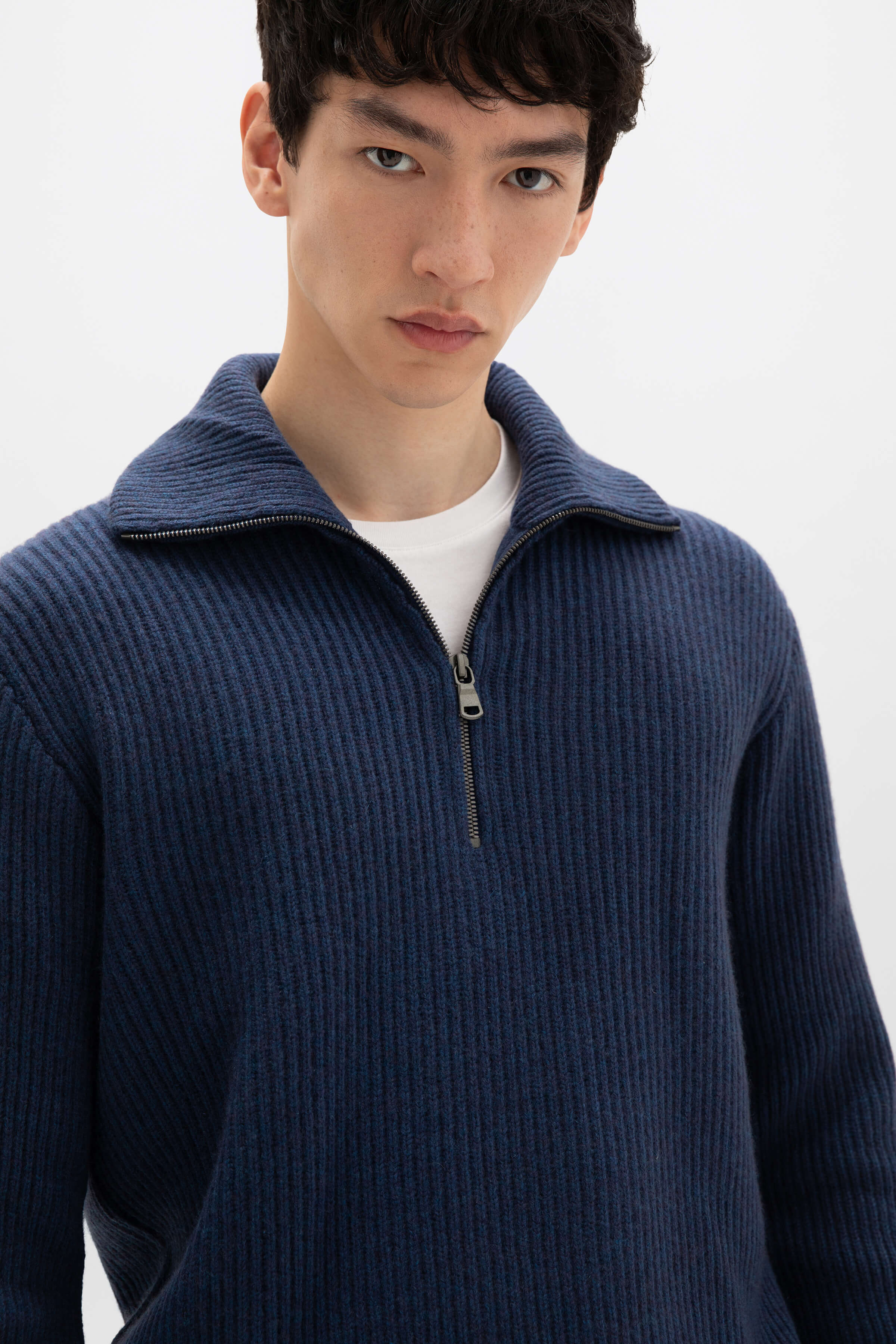 Ribbed Cashmere Zip Neck Mid Blue Jumper