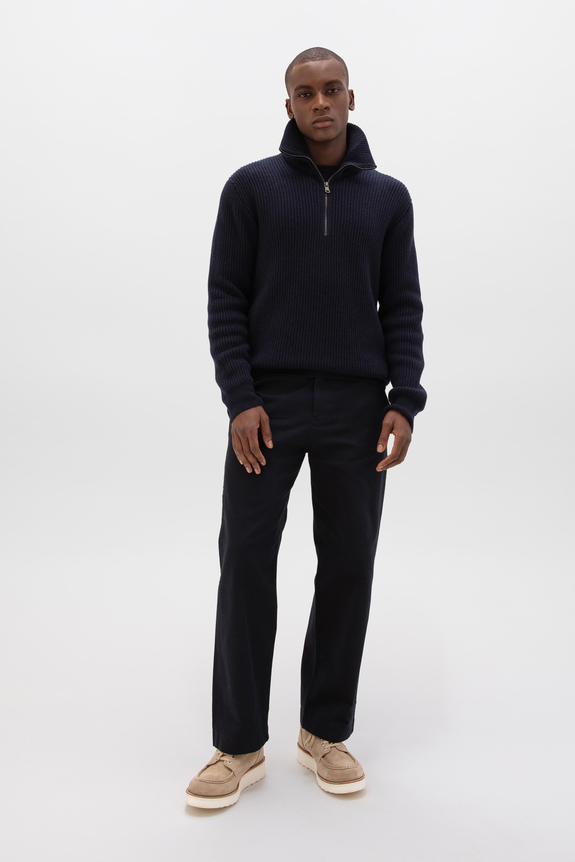 Ribbed Cashmere Dark Navy Zip Neck Jumper