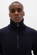 Ribbed Cashmere Dark Navy Zip Neck Jumper
