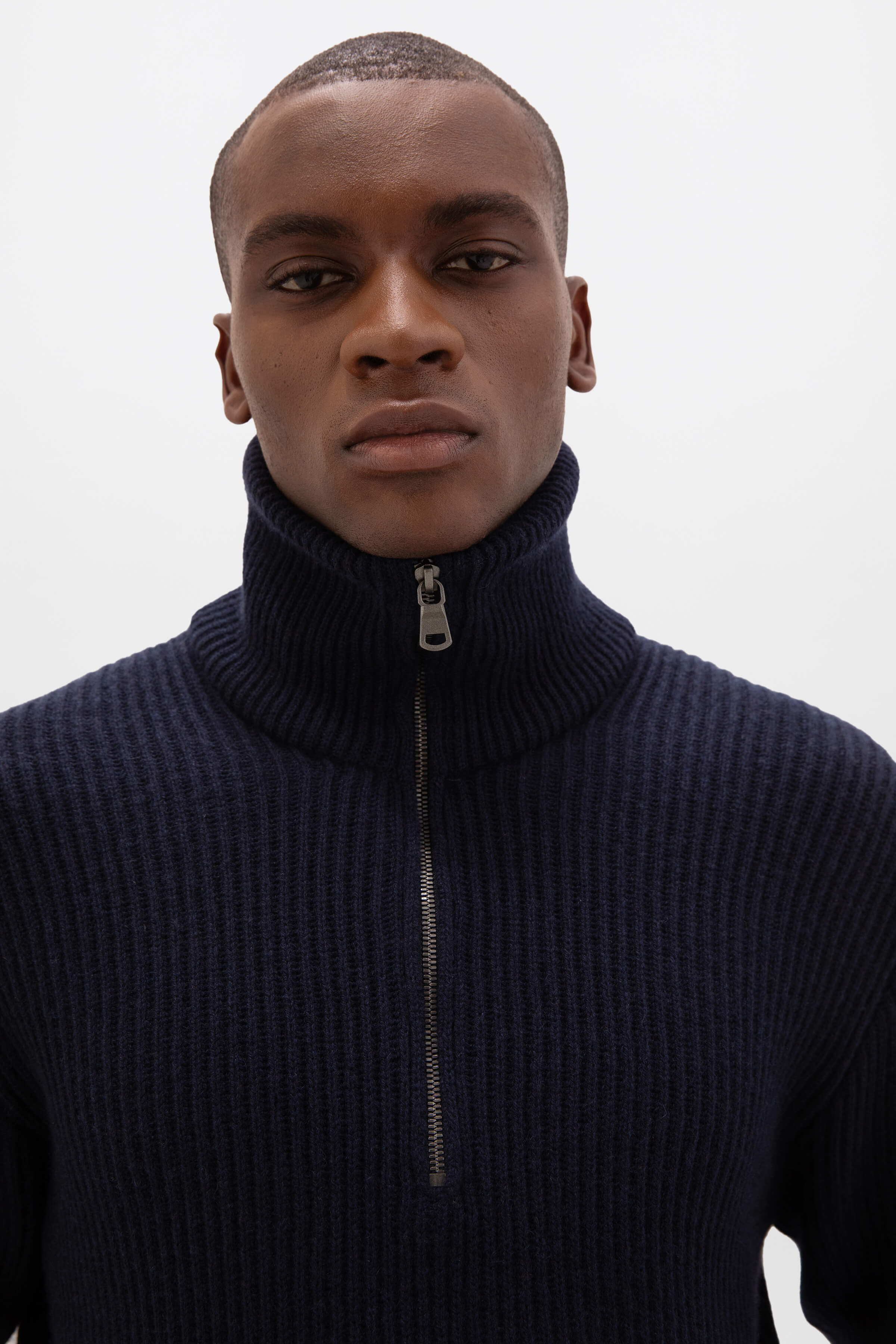 Ribbed Cashmere Dark Navy Zip Neck Jumper