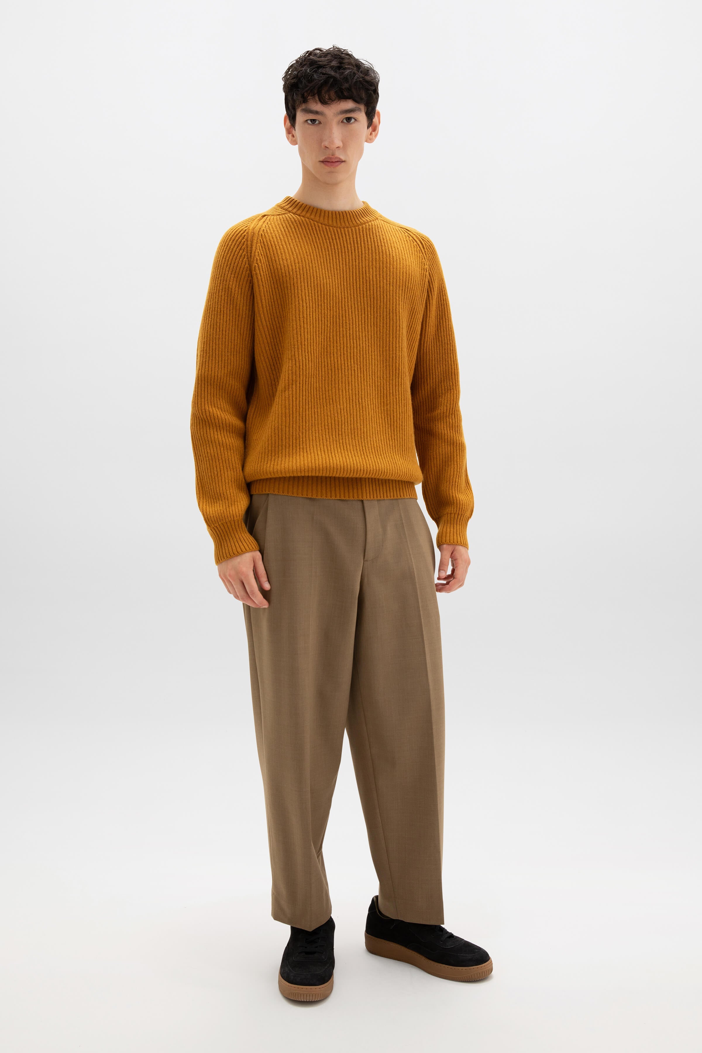 Dark Yellow Cashmere Ribbed Crew Neck Jumper