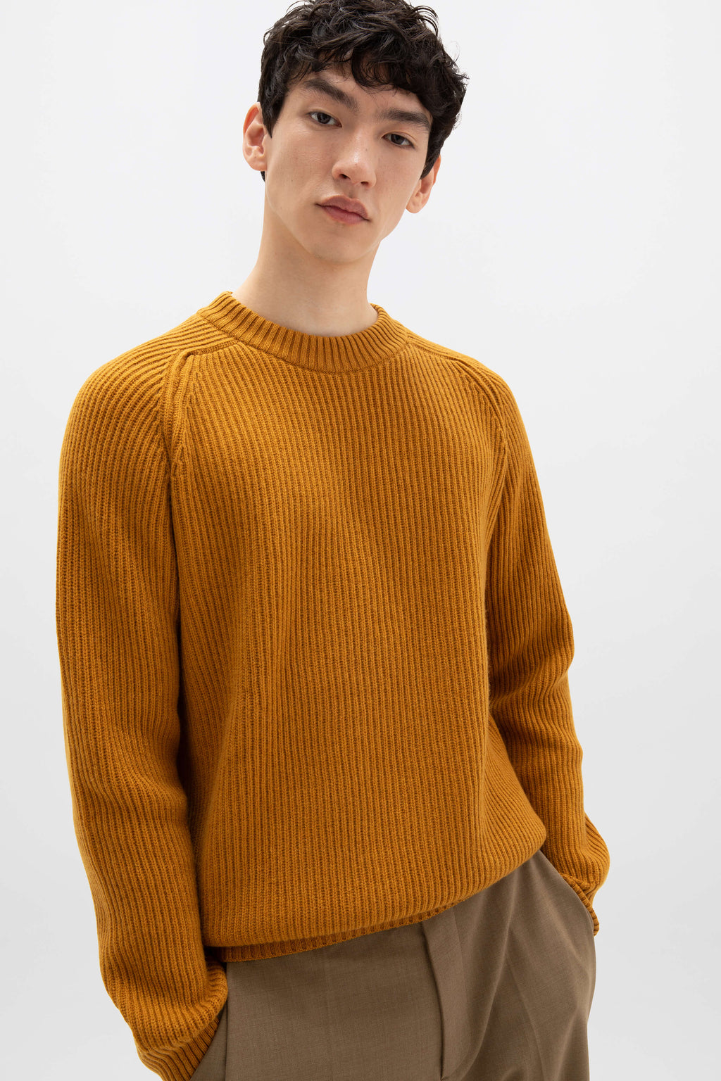 Dark Yellow Cashmere Ribbed Crew Neck Jumper