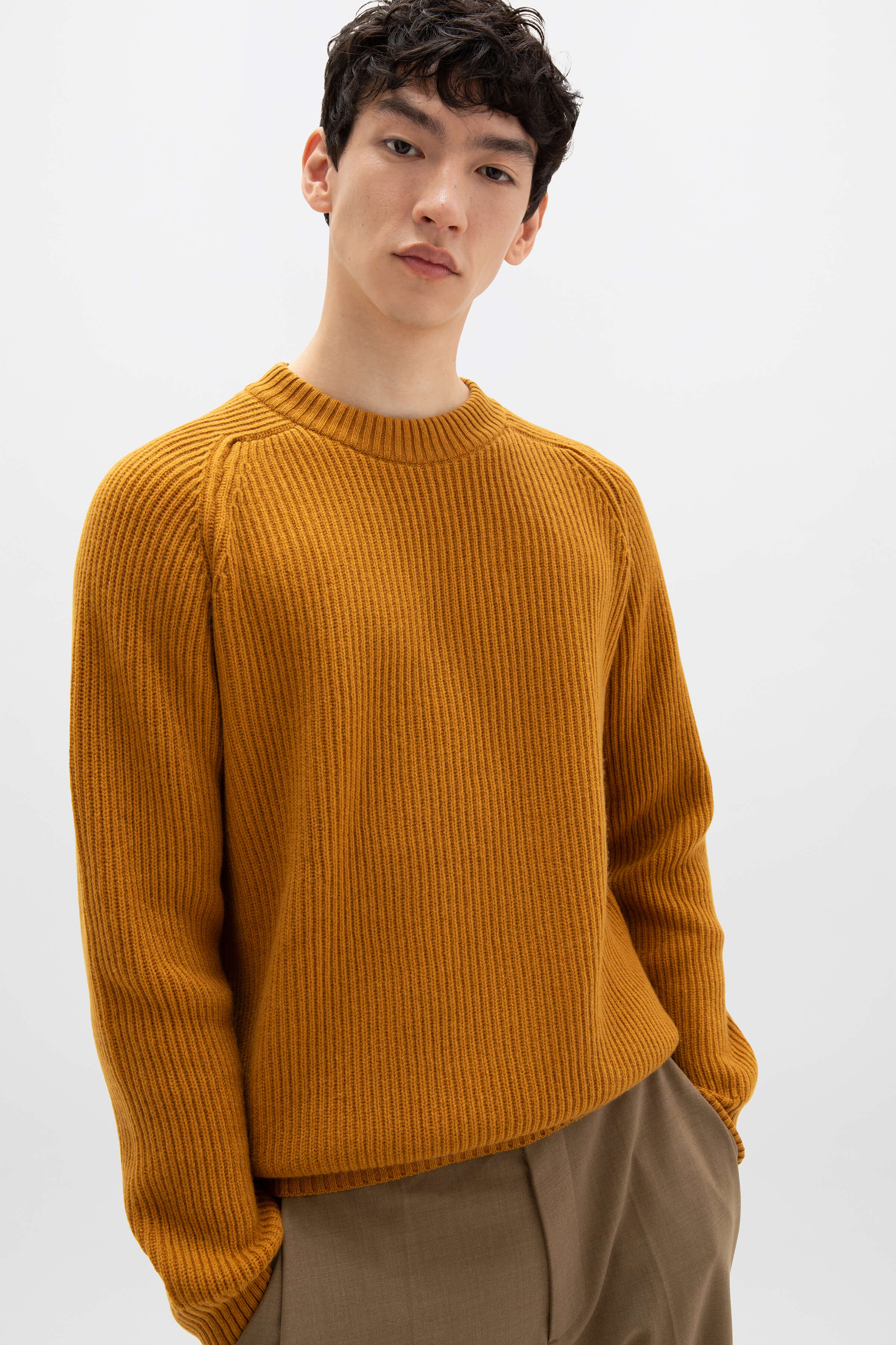 Dark Yellow Cashmere Ribbed Crew Neck Jumper