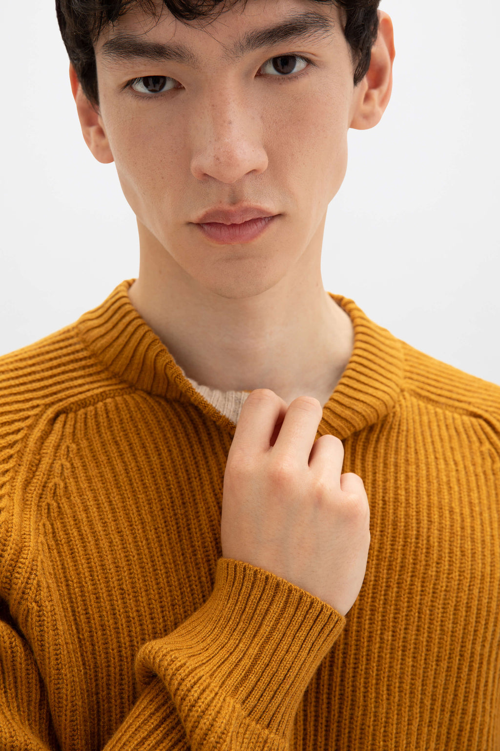 Dark Yellow Cashmere Ribbed Crew Neck Jumper