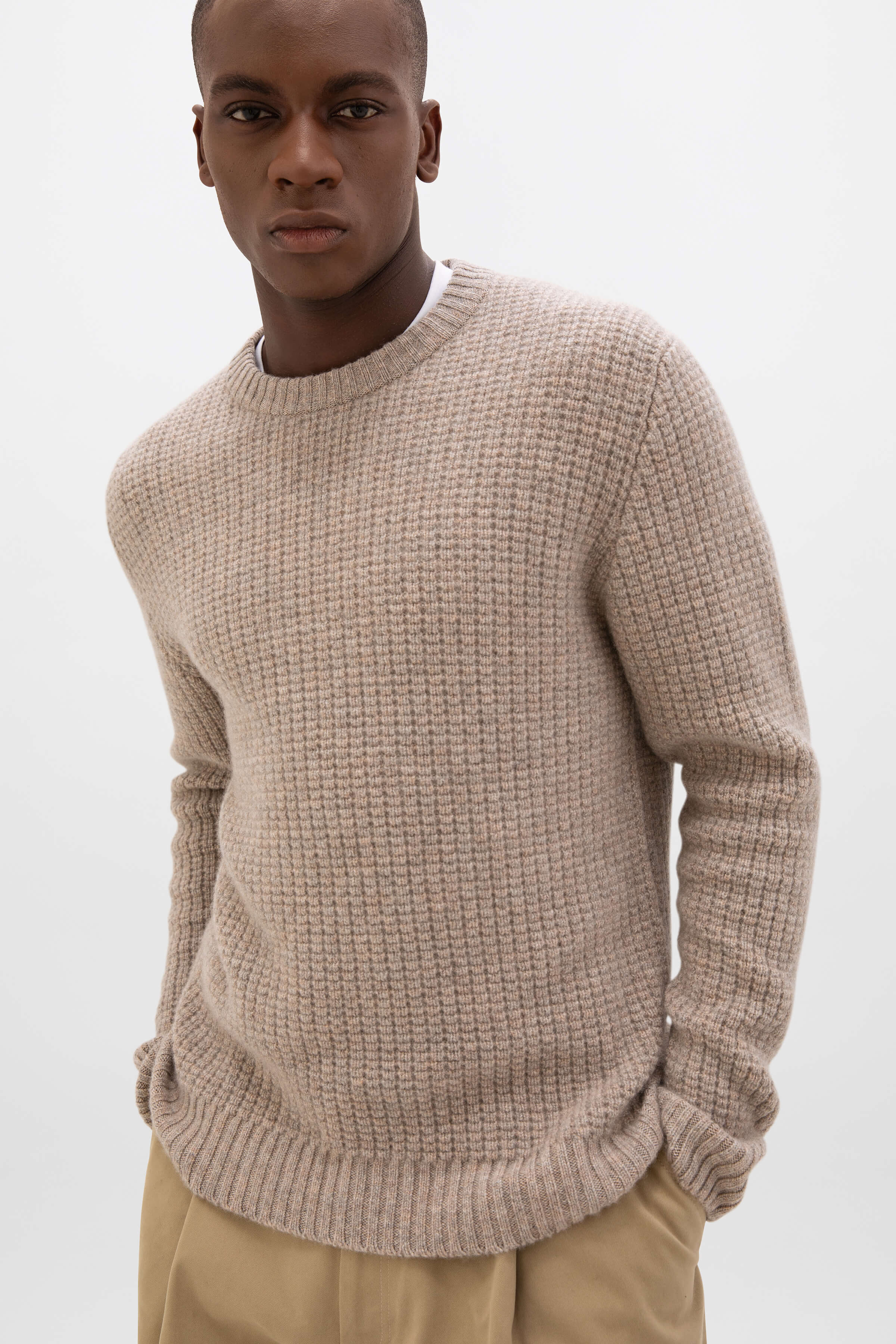 Waffle Textured Light Brown Cashmere Jumper
