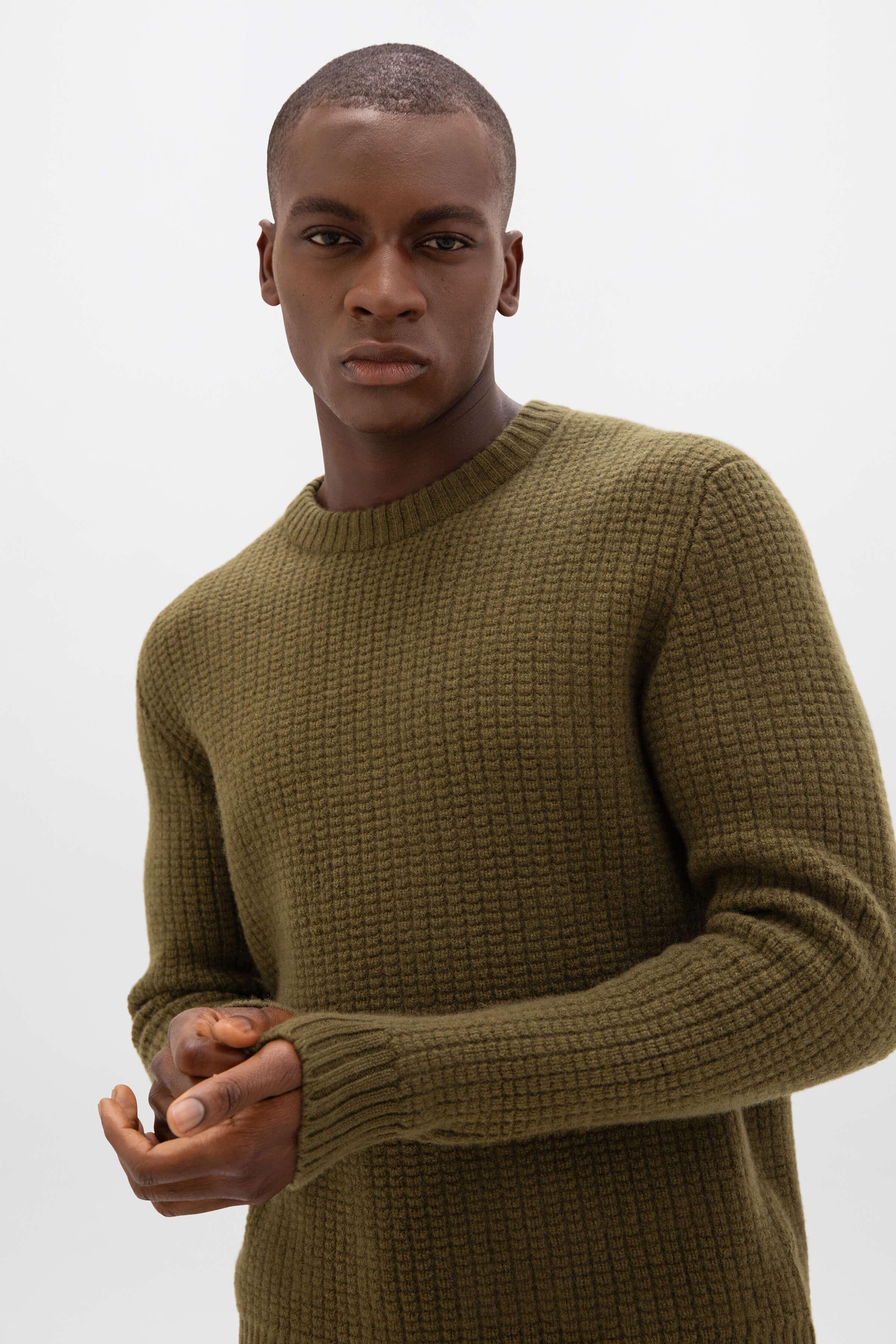 Waffle Textured Olive Green Cashmere Jumper