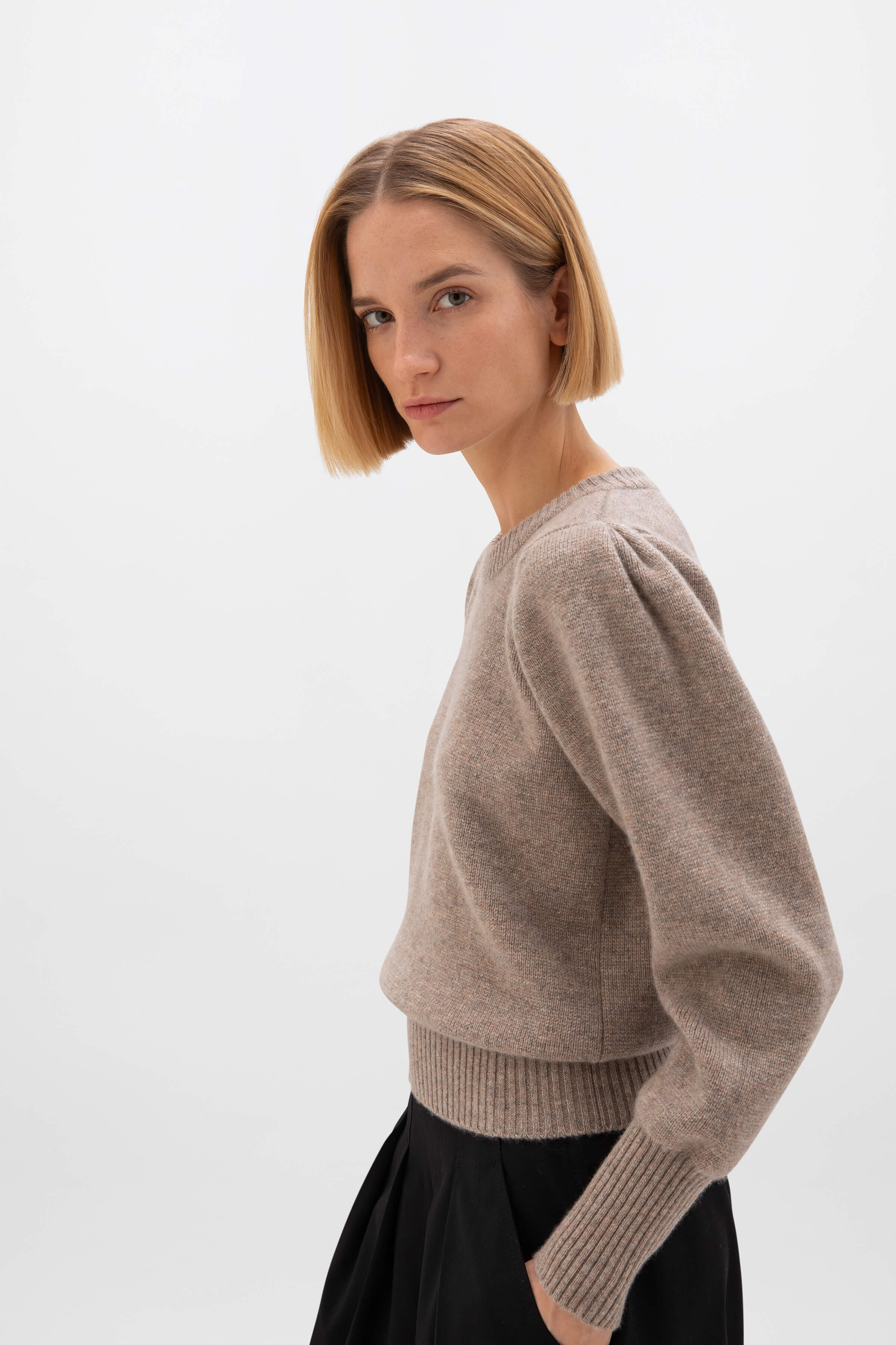 Puff Sleeve Light Brown Cashmere Jumper