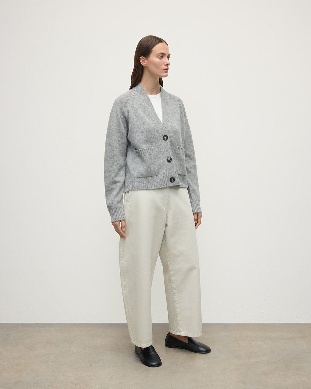 Relaxed Fit Light Grey Cashmere Cardigan
