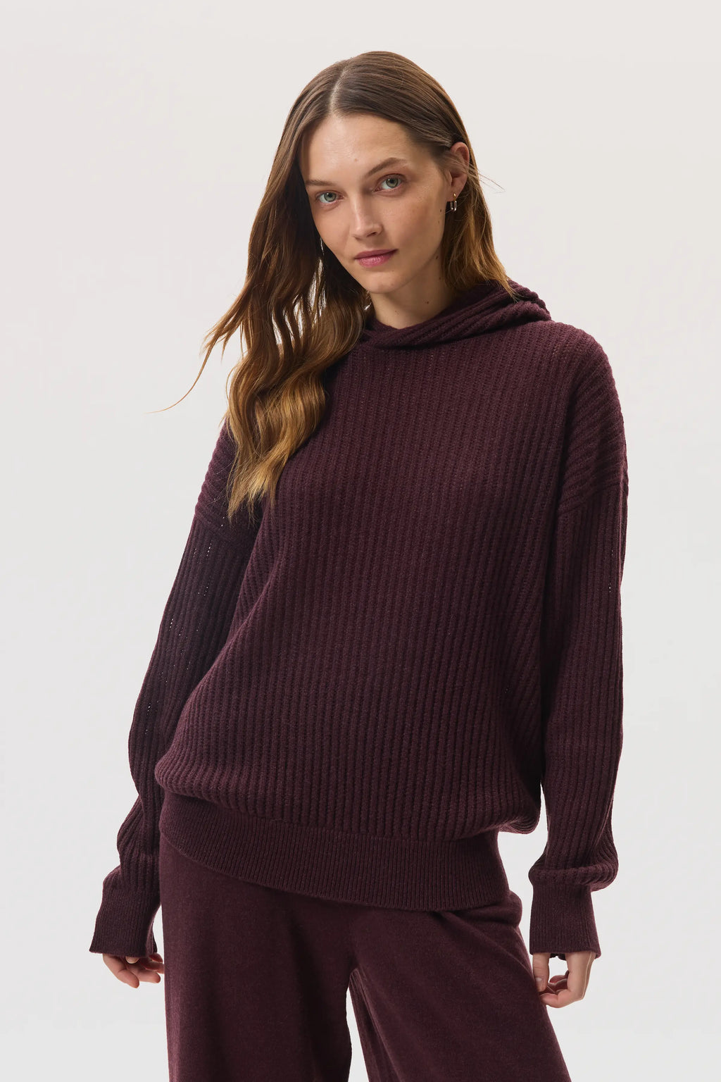 Mesh Rib Deep Red Cashmere Hoodie