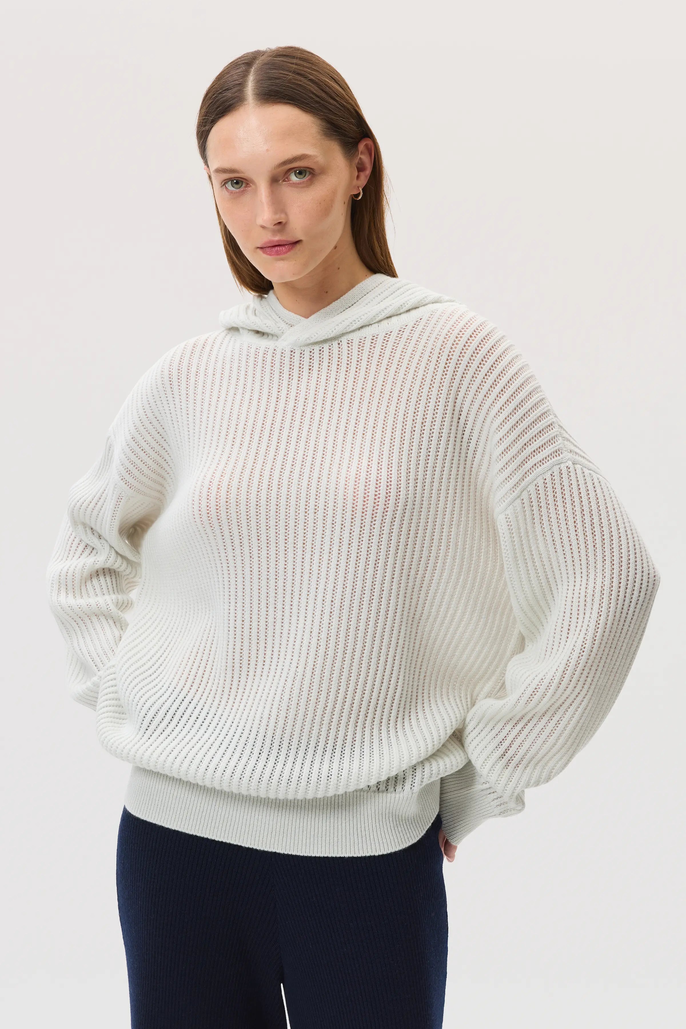 Mesh Rib Cashmere White Hoodie