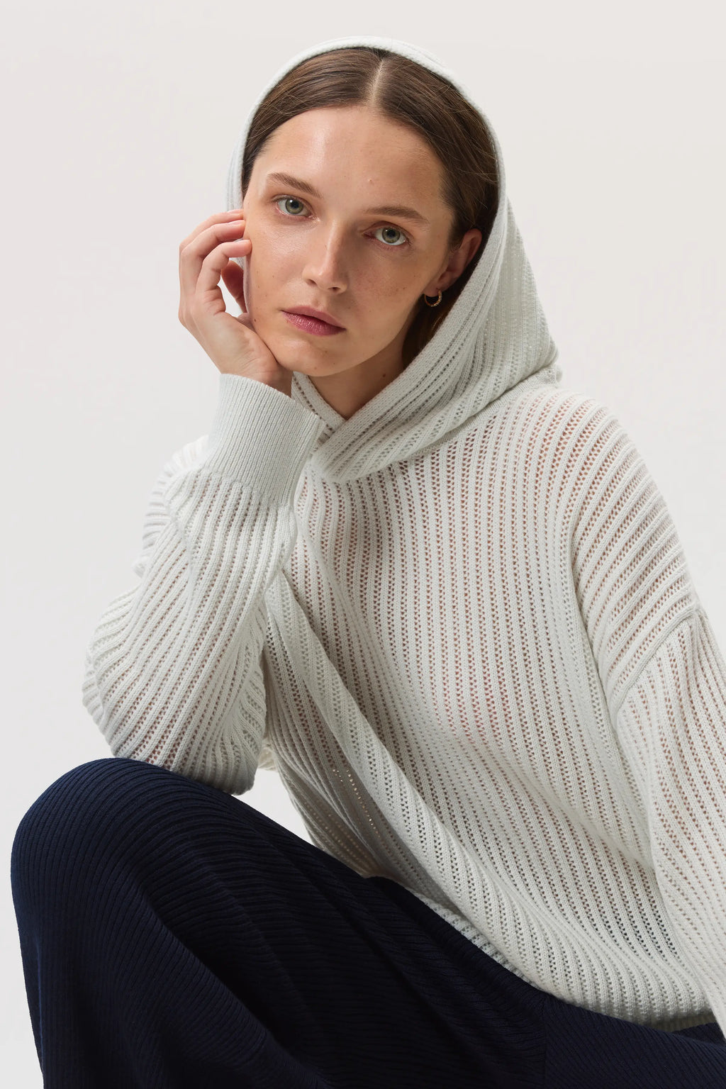 Mesh Rib Cashmere White Hoodie