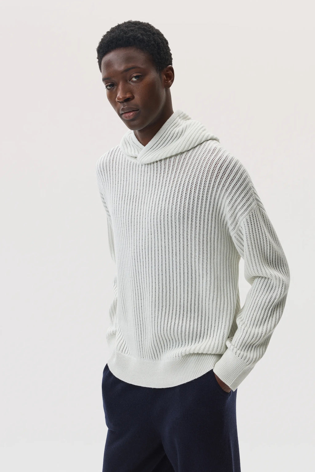 Mesh Rib Cashmere White Hoodie