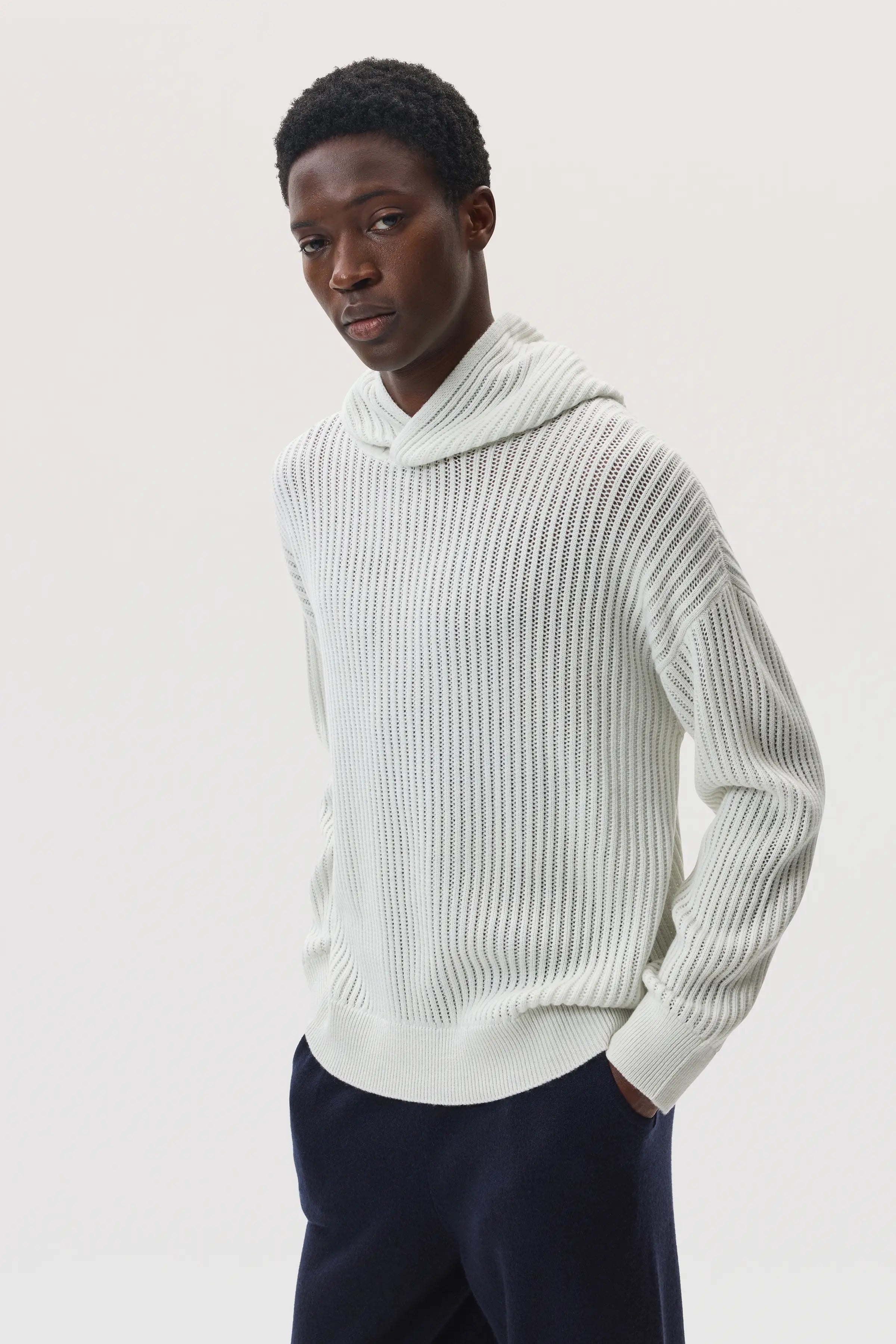 Mesh Rib Cashmere White Hoodie