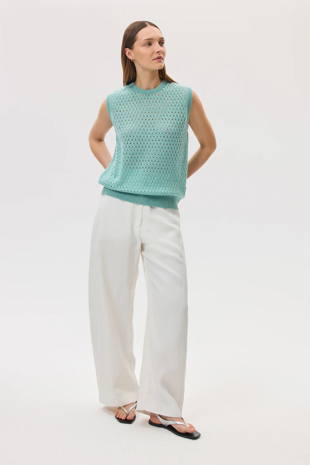 Open Basketweave Green Cashmere Tank
