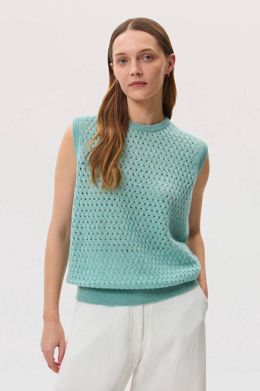 Open Basketweave Green Cashmere Tank
