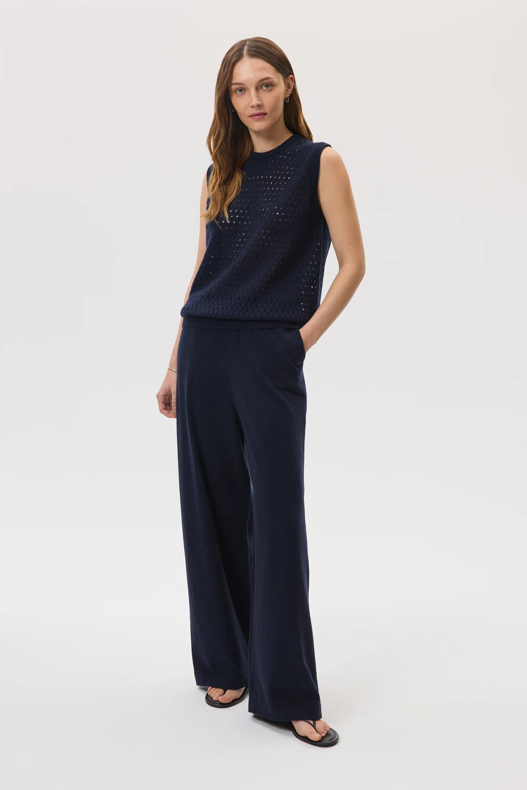 Open Basketweave Dark Navy Cashmere Tank