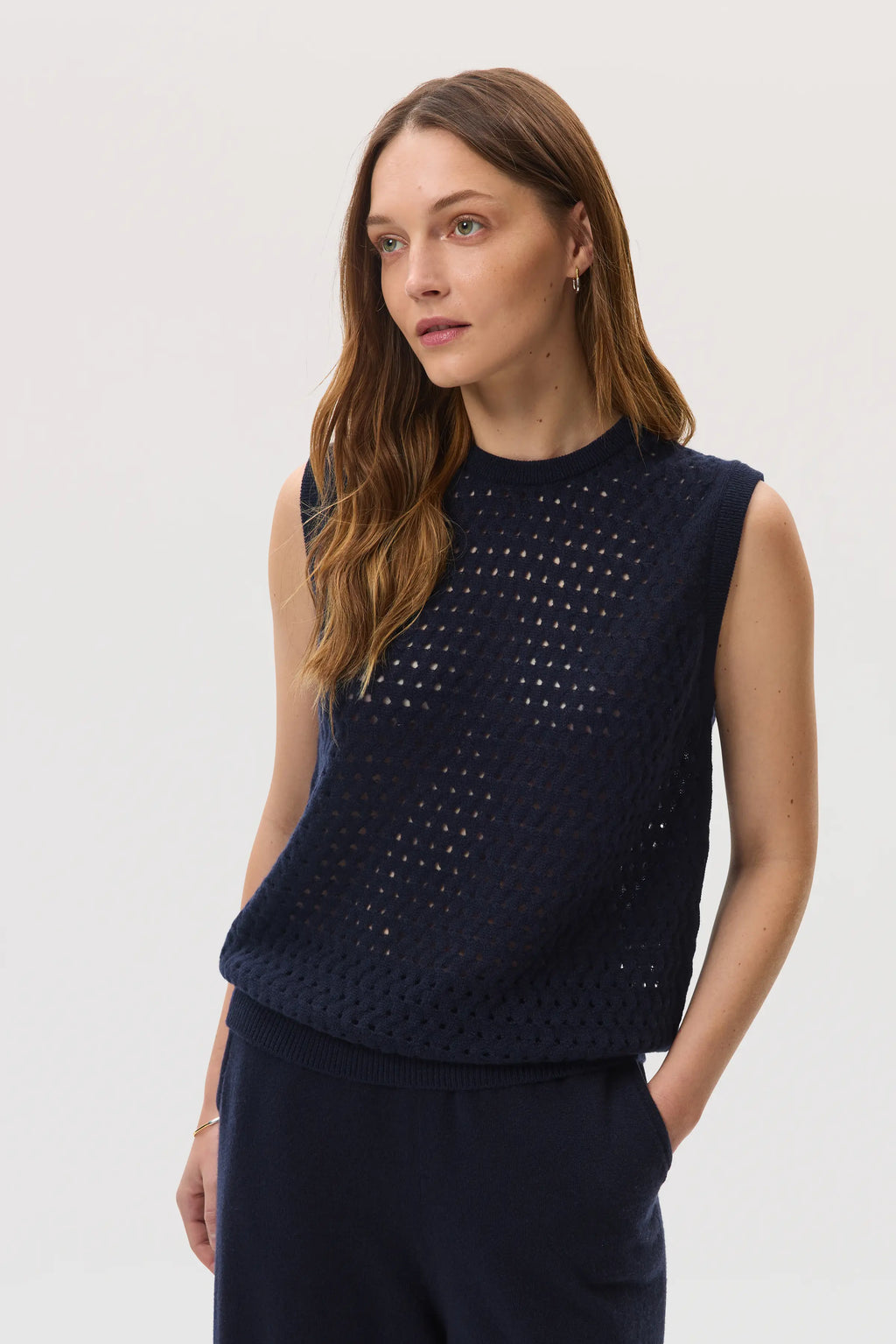 Open Basketweave Dark Navy Cashmere Tank