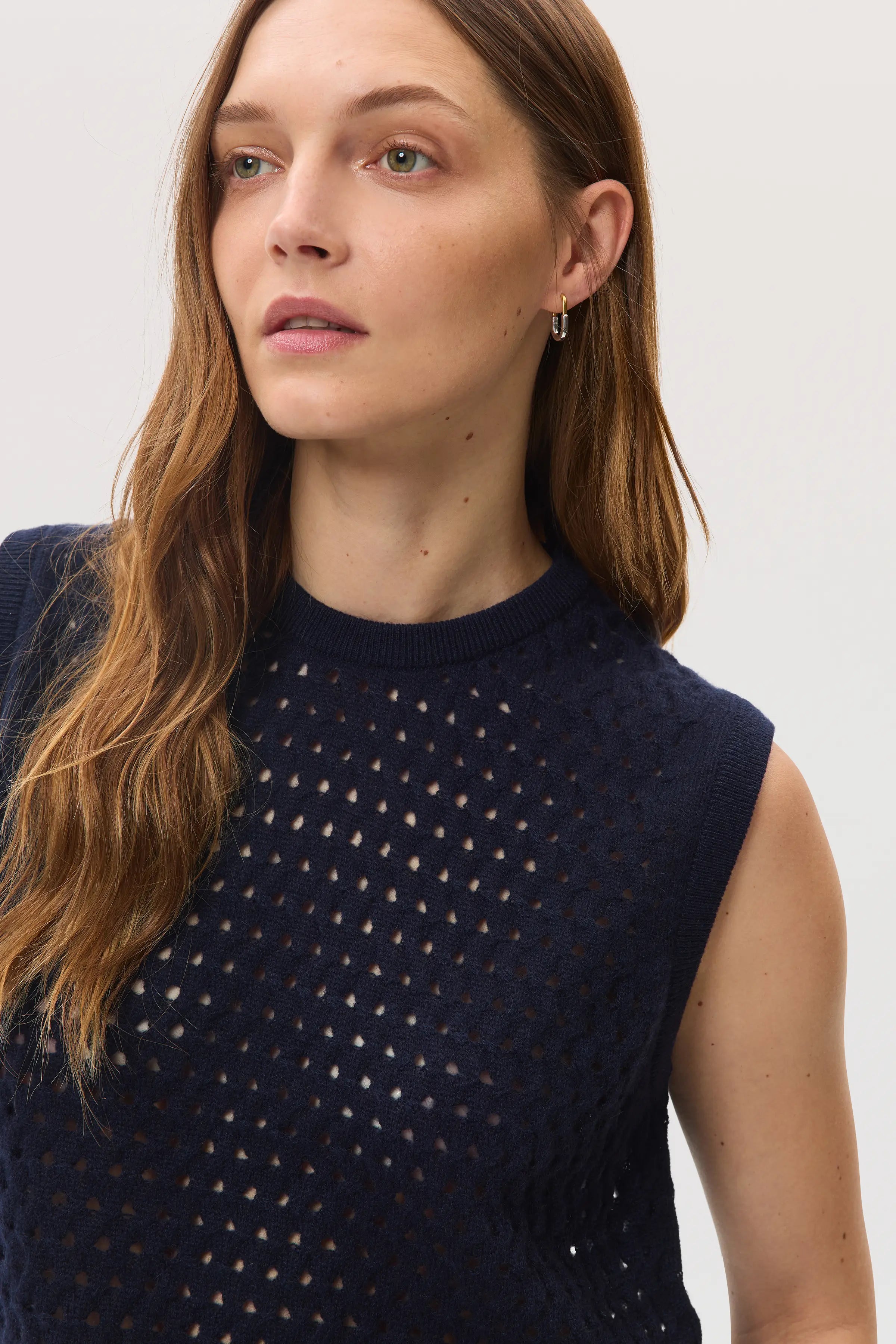 Open Basketweave Dark Navy Cashmere Tank