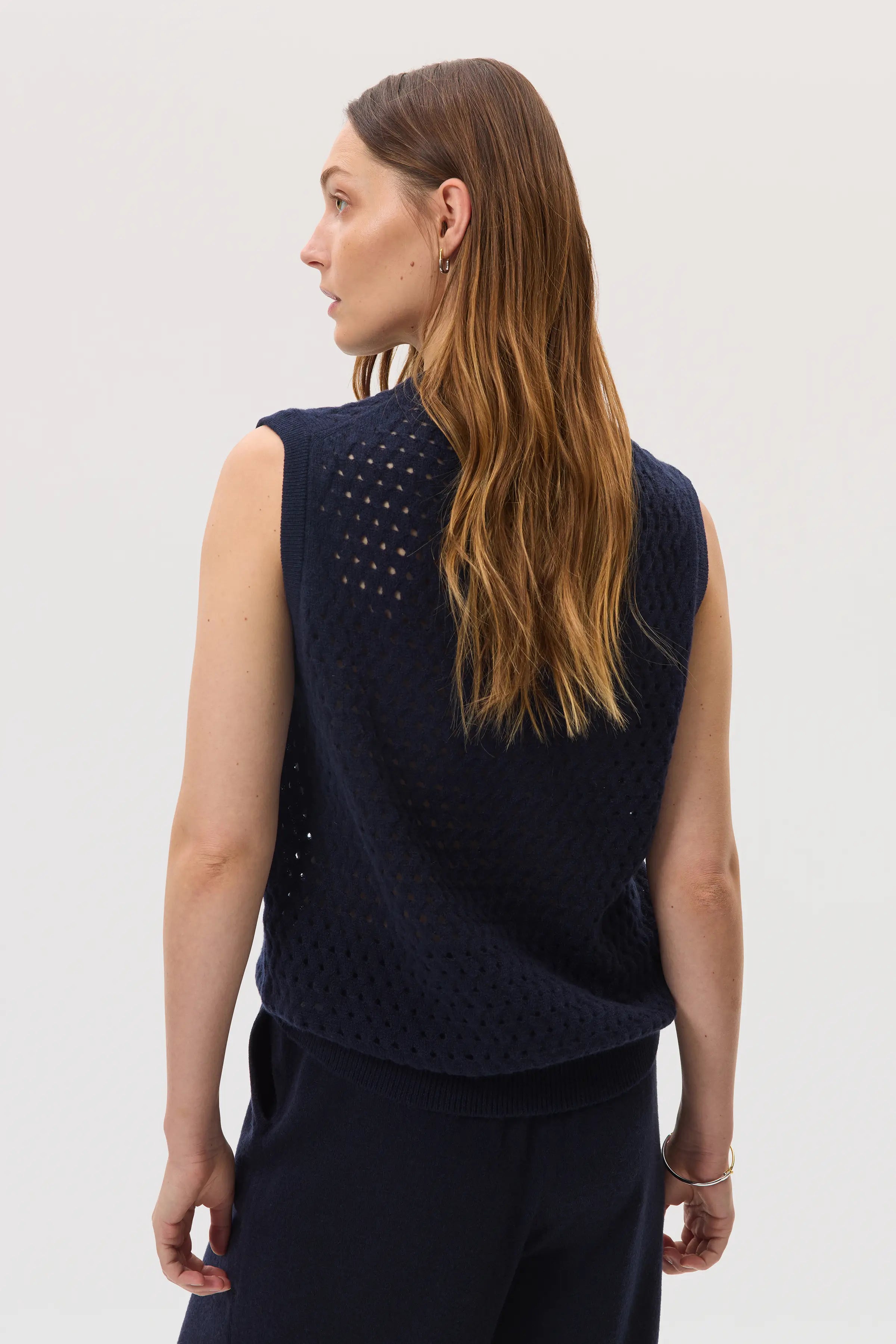 Open Basketweave Dark Navy Cashmere Tank