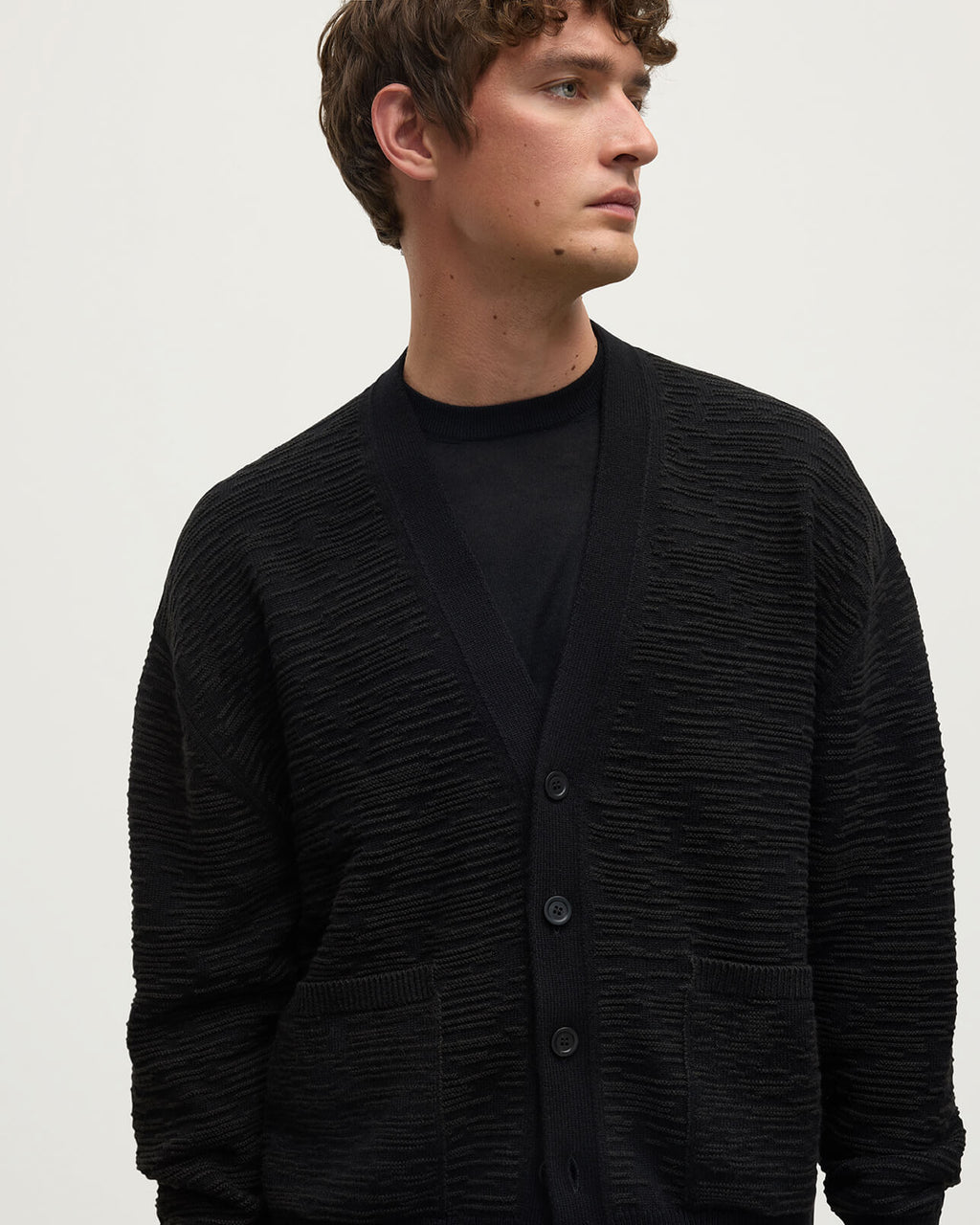 Plaited Texture Black Cashmere Cardigan