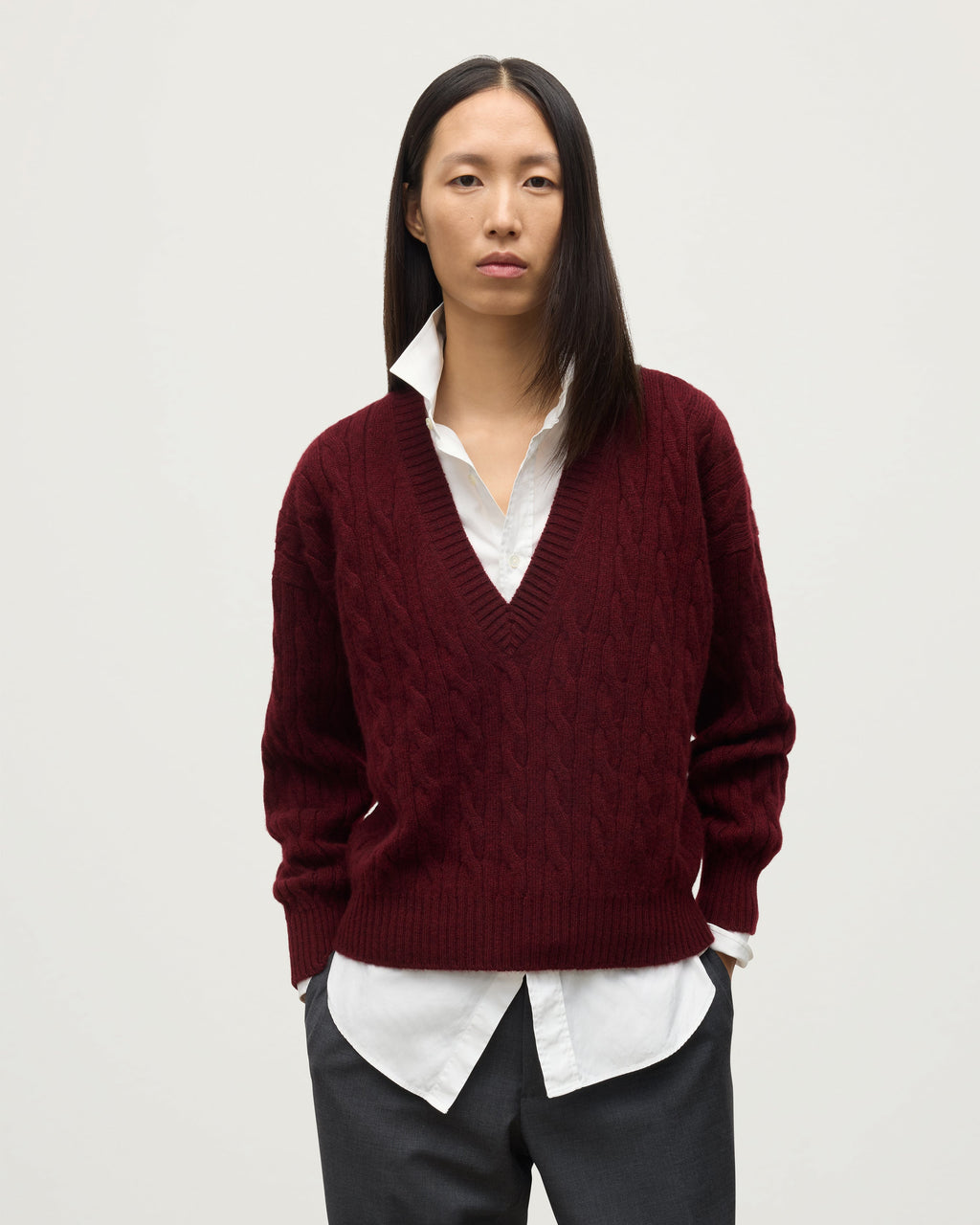 Kylesku Deep V Dark Red Cashmere Jumper