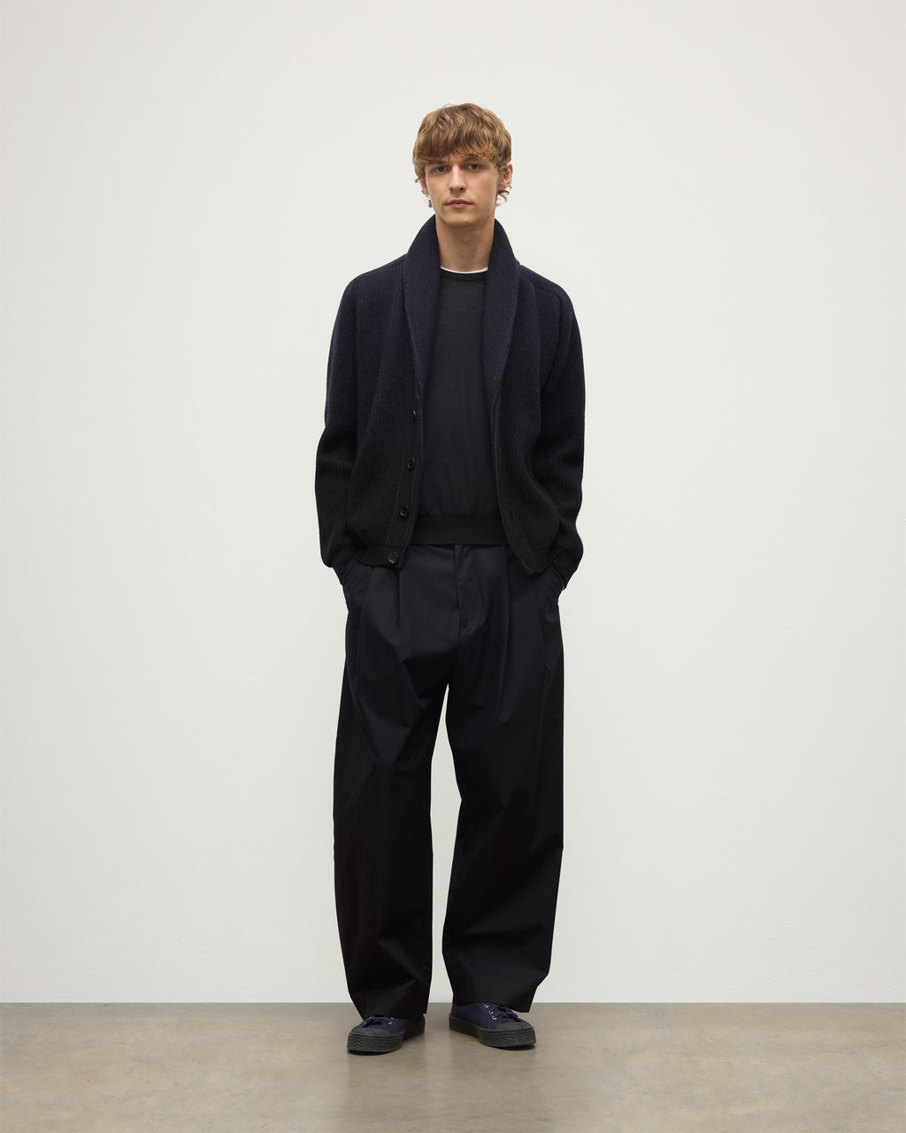 Pioneer Navy to Black Shawl Collar Cashmere Cardigan