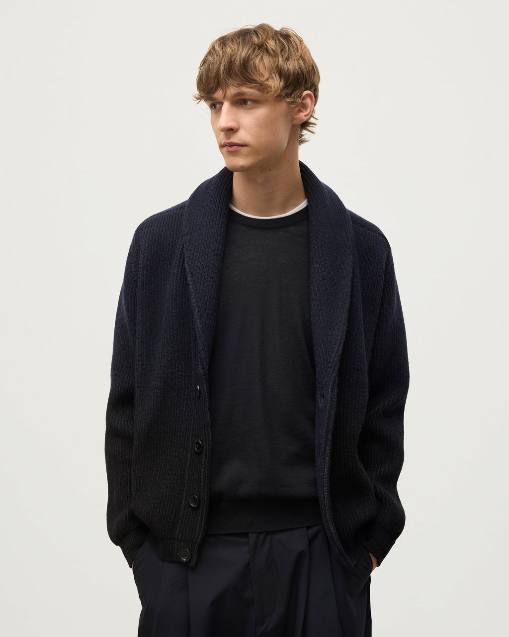 Pioneer Navy to Black Shawl Collar Cashmere Cardigan