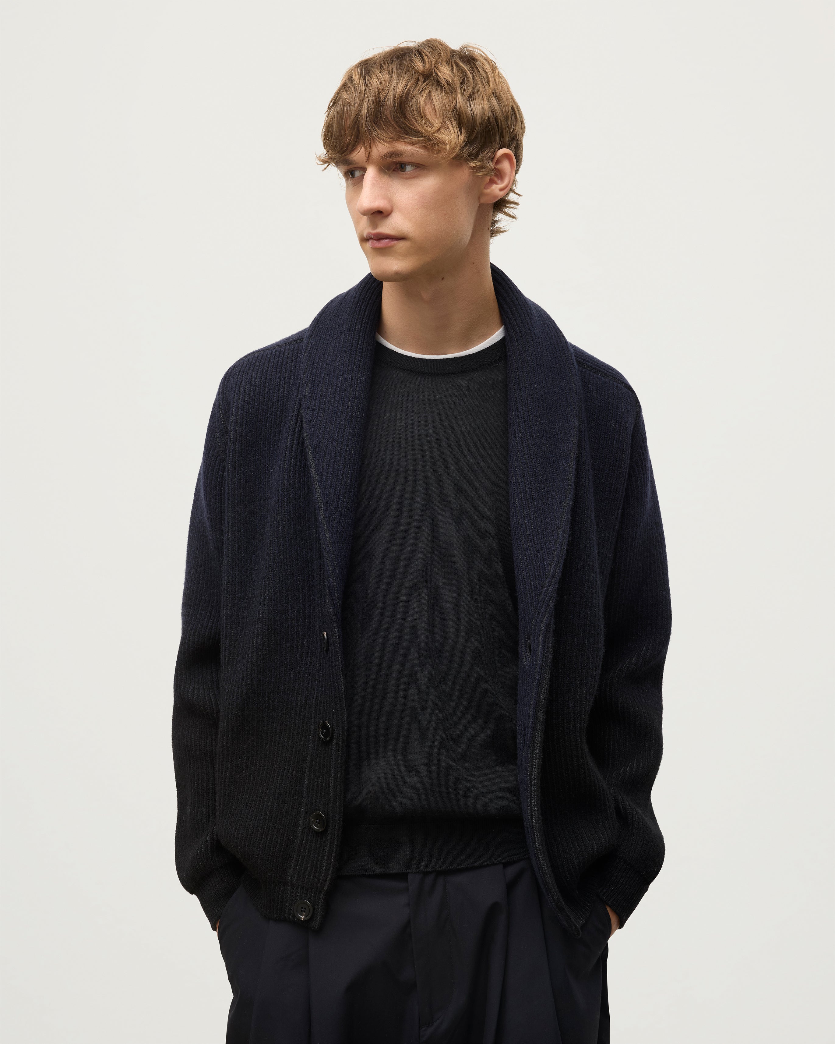 Pioneer Navy to Black Shawl Collar Cashmere Cardigan