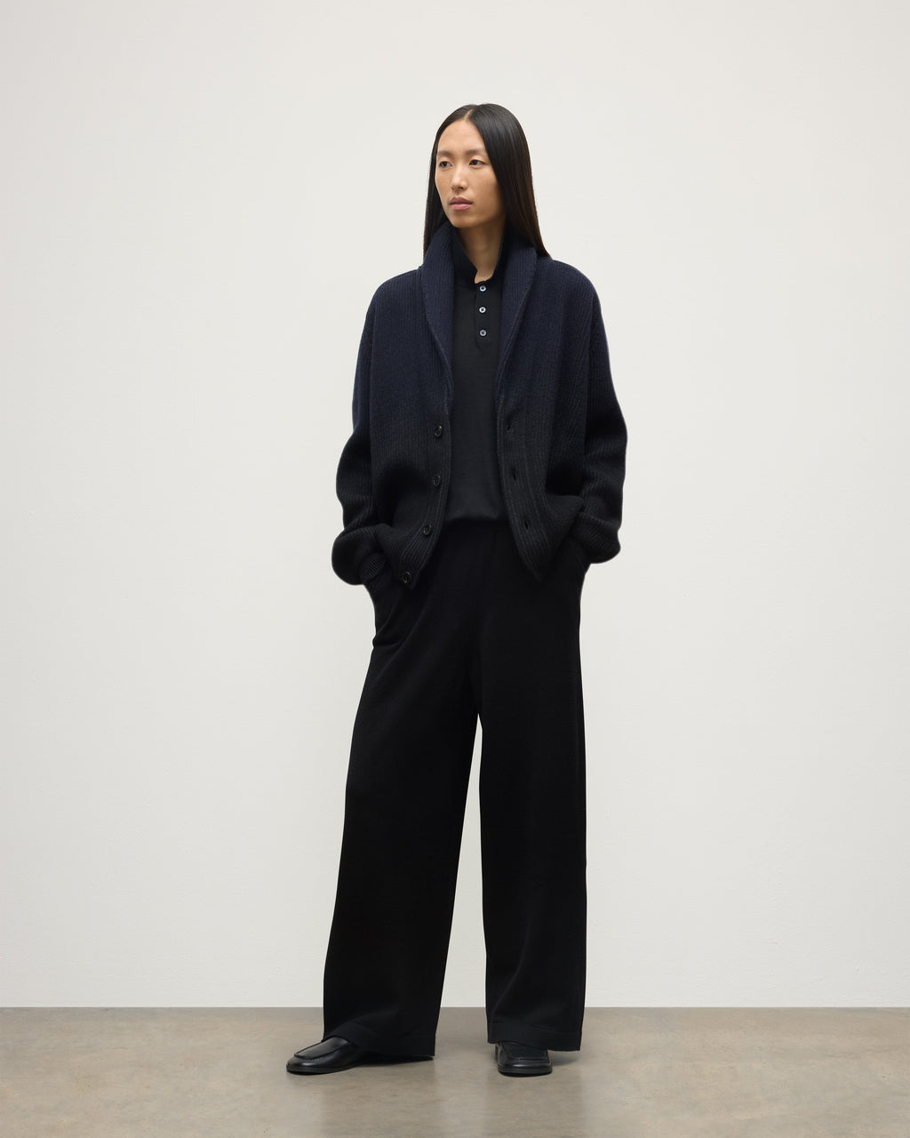 Pioneer Navy to Black Shawl Collar Cashmere Cardigan