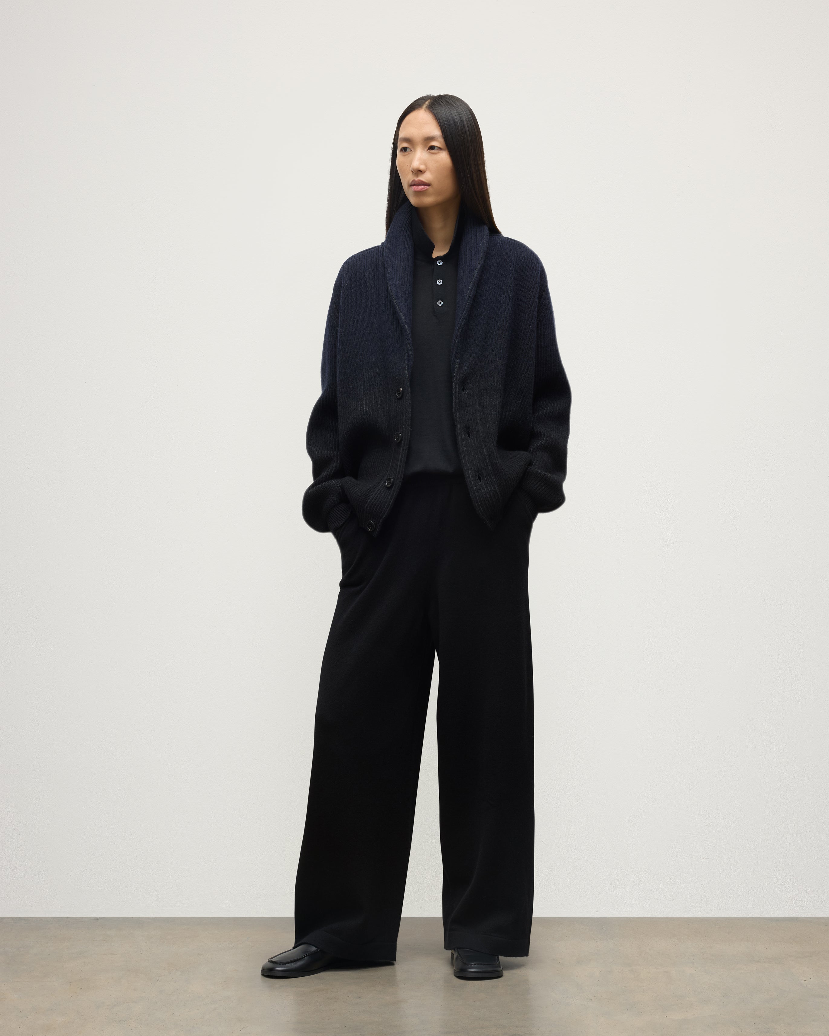 Pioneer Navy to Black Shawl Collar Cashmere Cardigan