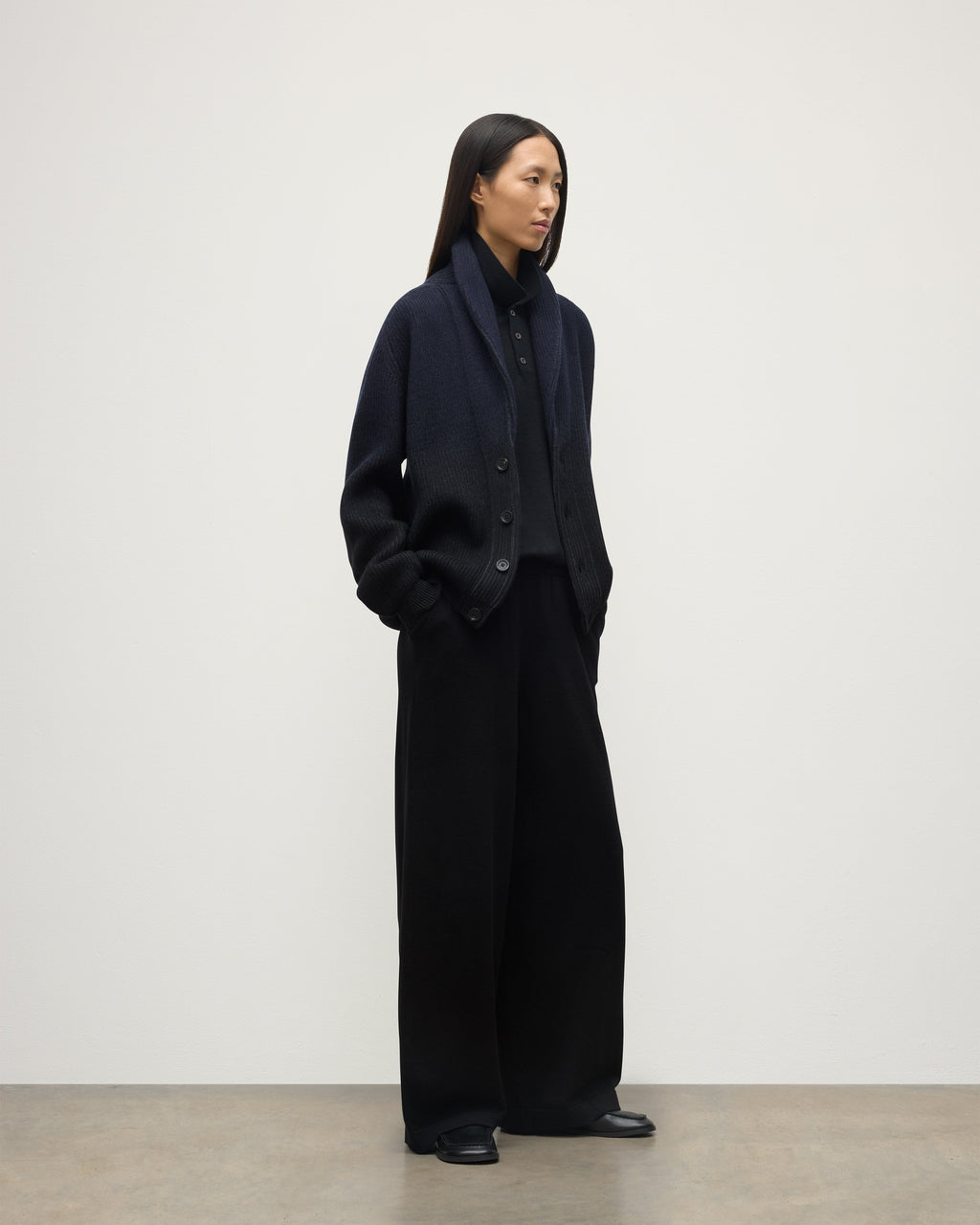 Pioneer Navy to Black Shawl Collar Cashmere Cardigan