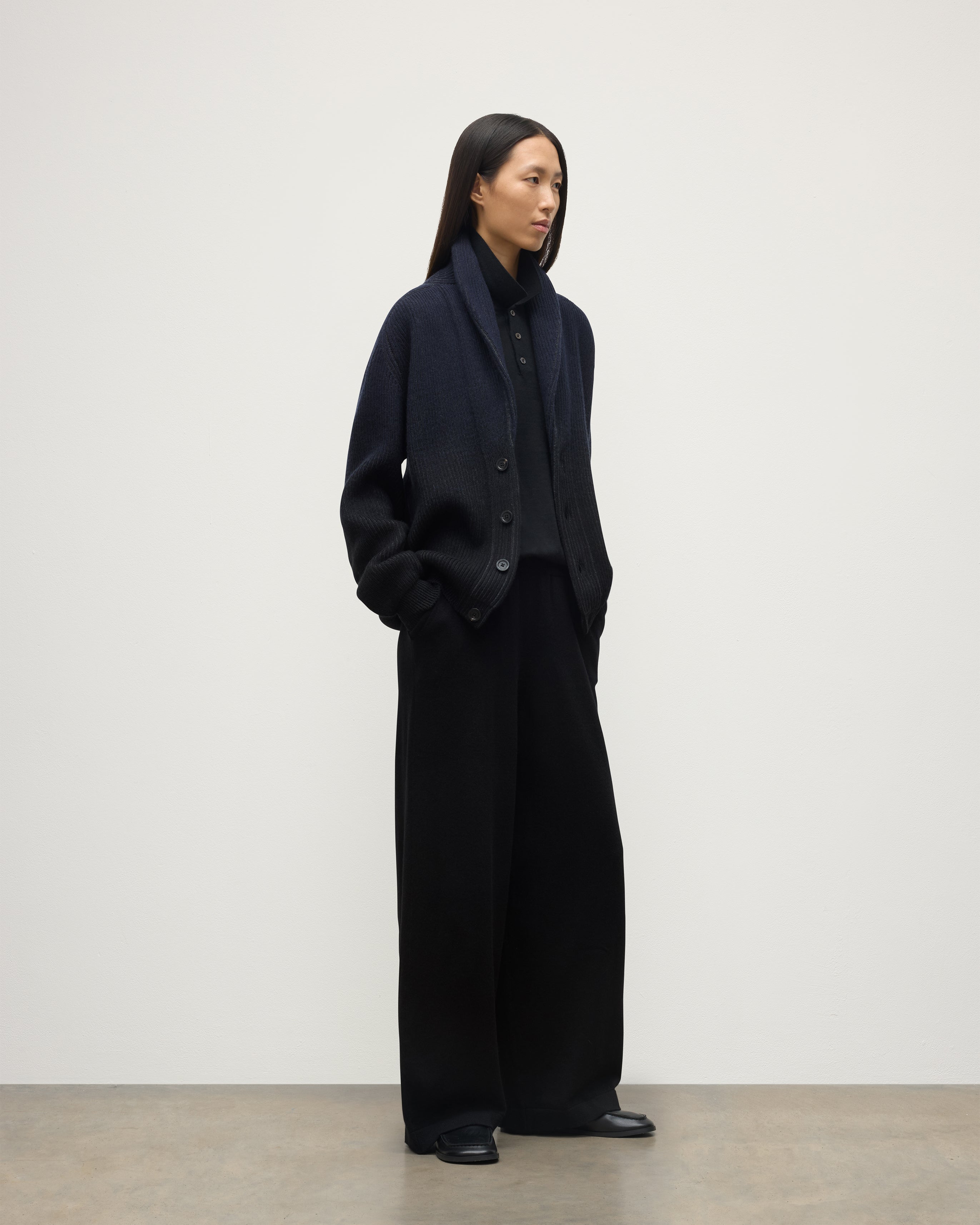 Pioneer Navy to Black Shawl Collar Cashmere Cardigan
