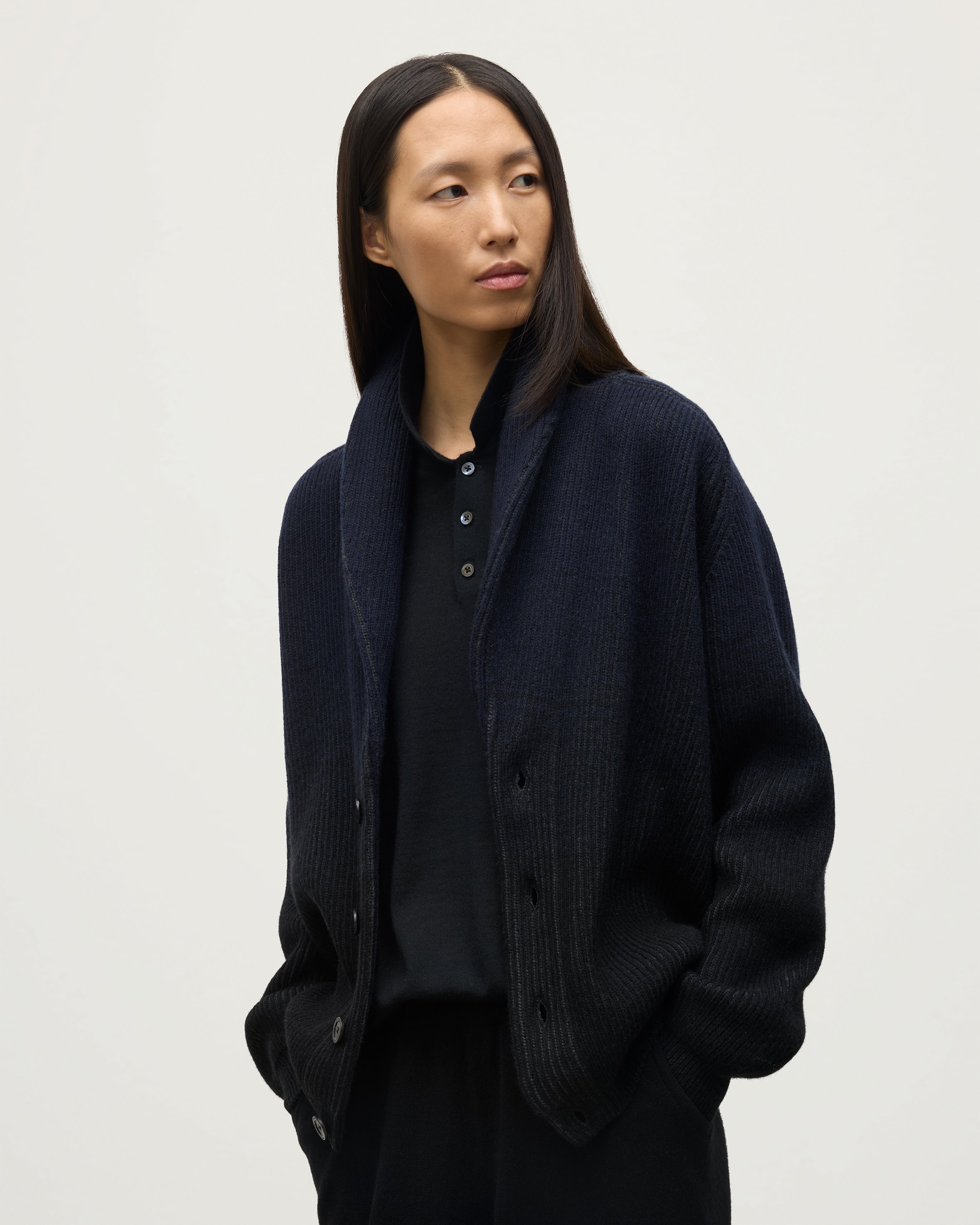 Pioneer Navy to Black Shawl Collar Cashmere Cardigan