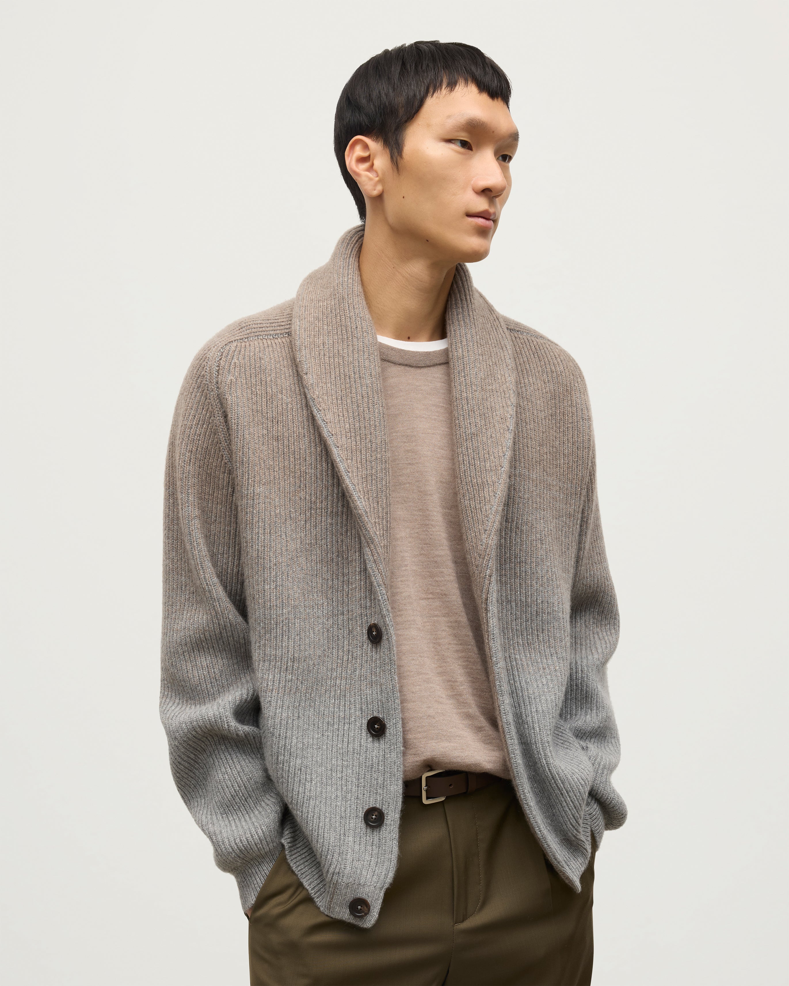 Pioneer Light Brown to Grey Shawl Collar Cashmere Cardigan